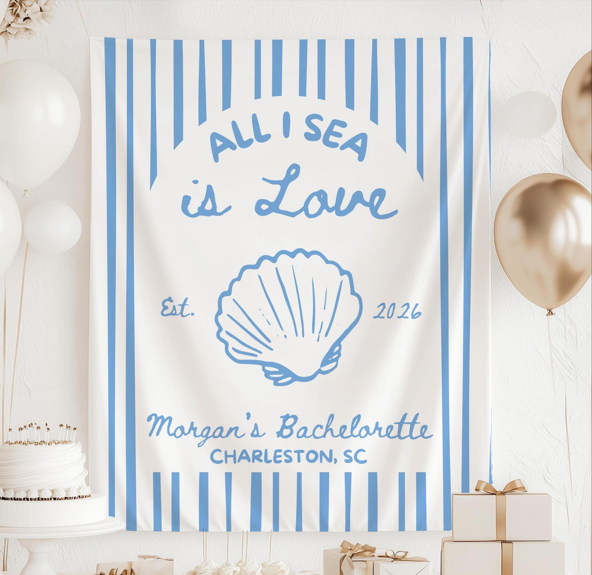 Personalized All I Sea Is Love bachelorette banner with seashell design for a coastal beach bachelorette party backdrop
