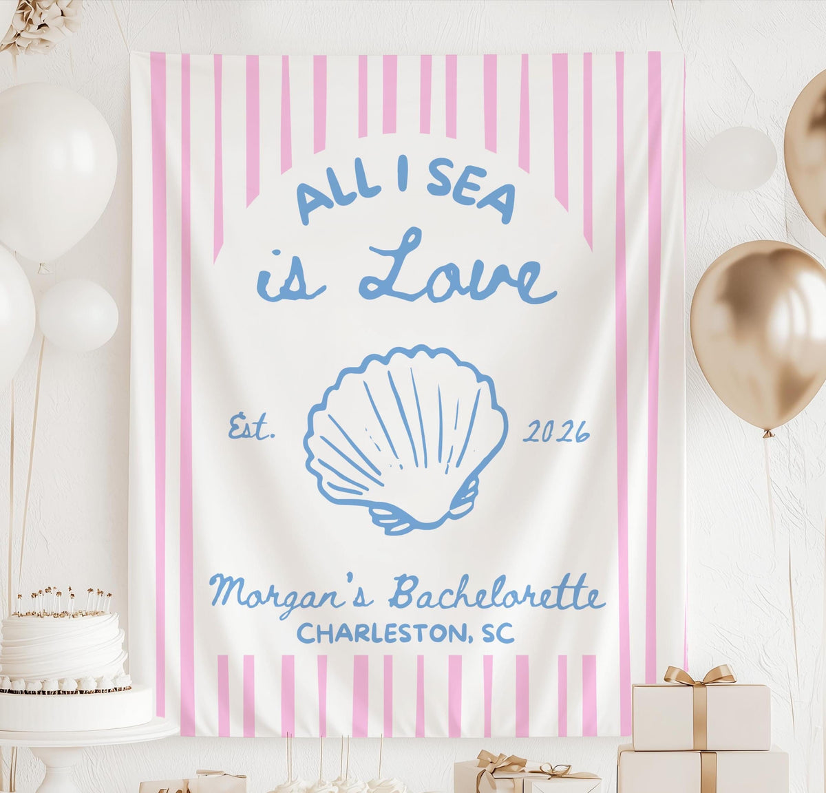 Coastal bachelorette backdrop with seashell artwork and nautical striped design for bride weekend decorations