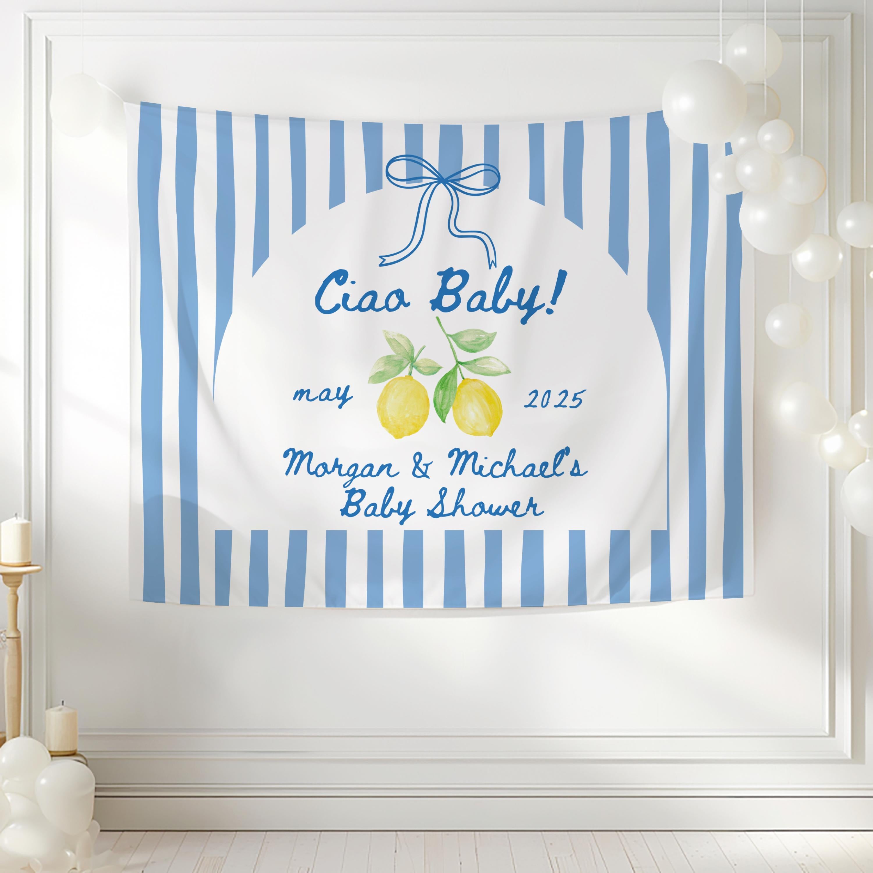 Amalfi Coast inspired baby shower banner featuring lemons and personalized welcome sign
