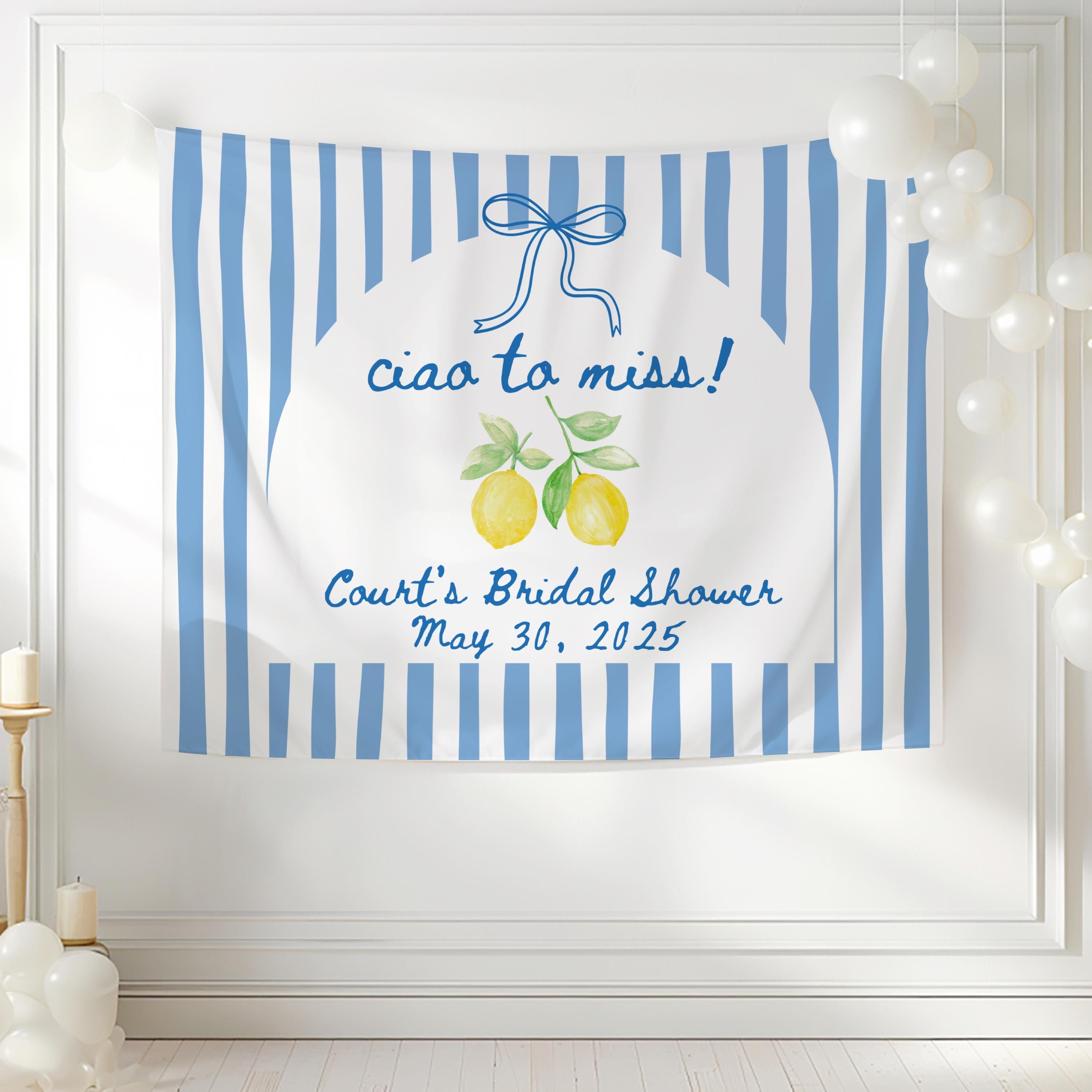Custom Amalfi Coast bridal shower tapestry featuring Ciao to Miss design with watercolor lemons and blue stripes