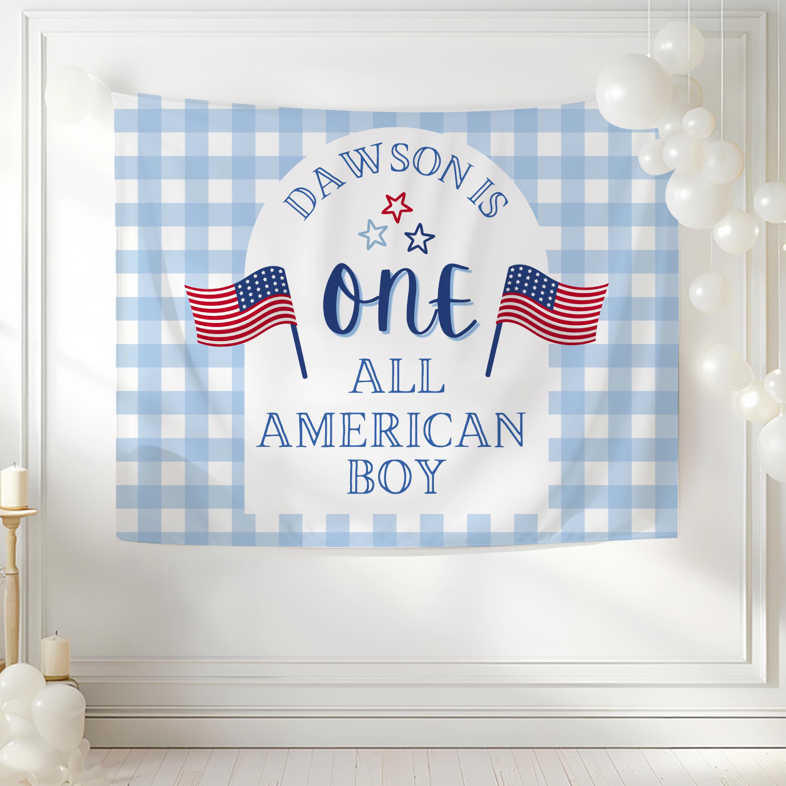 Custom ONE All American Boy birthday tapestry with American flag design for first birthday party decor