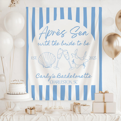 Custom Après Sea party backdrop featuring coastal artwork bikini champagne glasses and personalized bachelorette details
