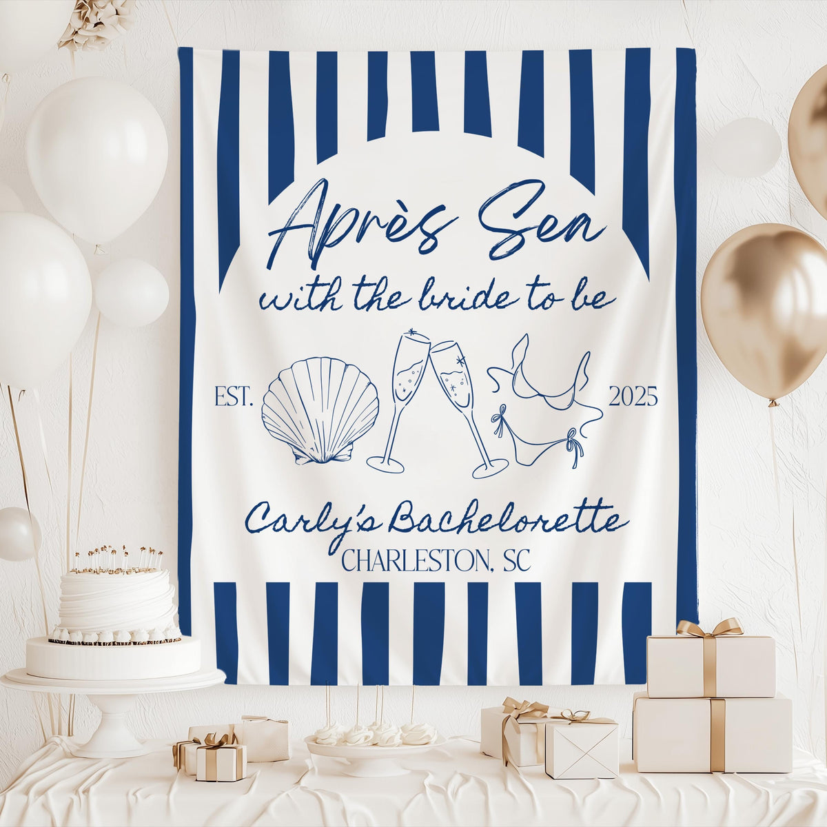 Beach bachelorette banner with Après Sea theme blue striped background and custom text for a coastal bridal weekend
