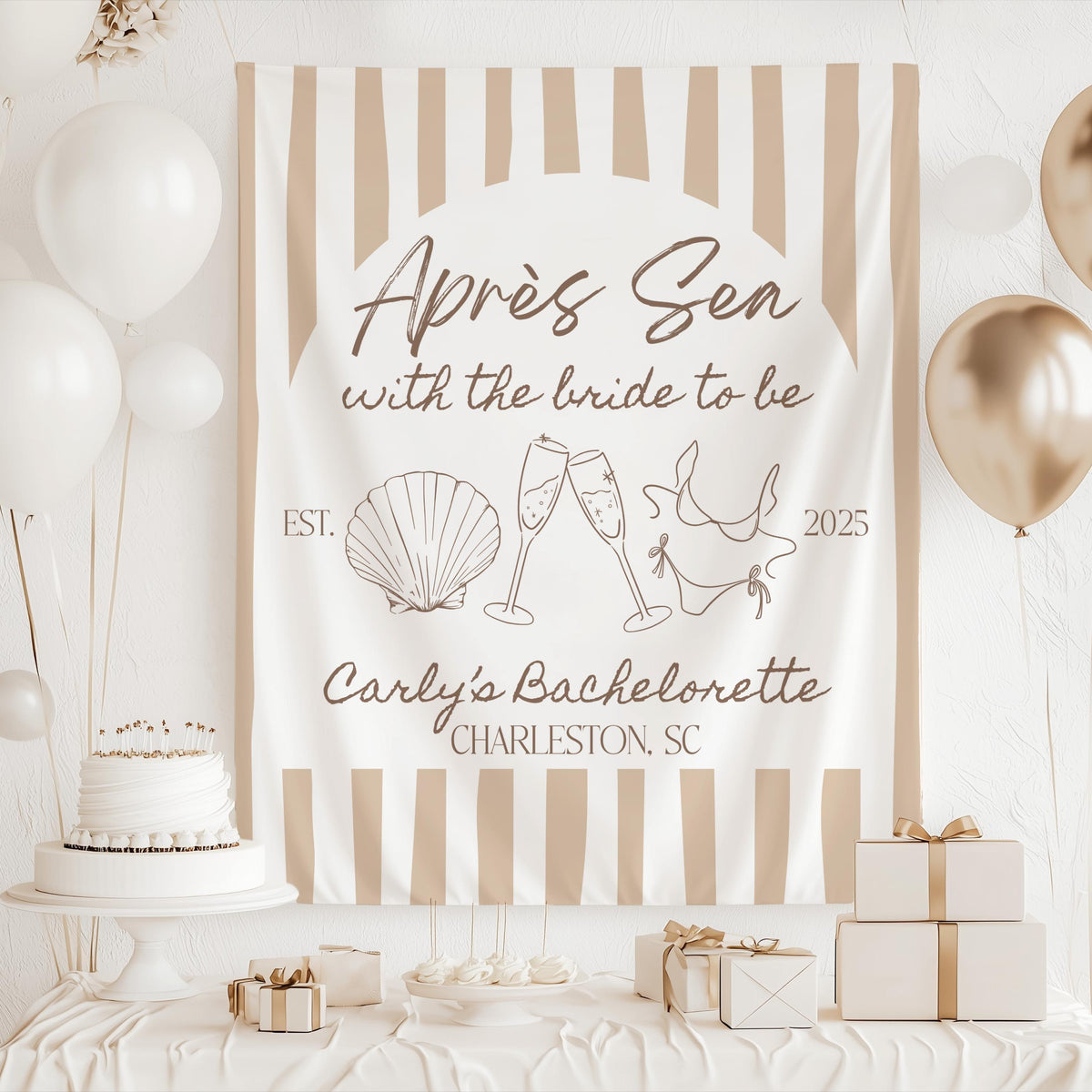 Personalized coastal bachelorette banner with seashell champagne glasses and beach inspired design for destination celebrations
