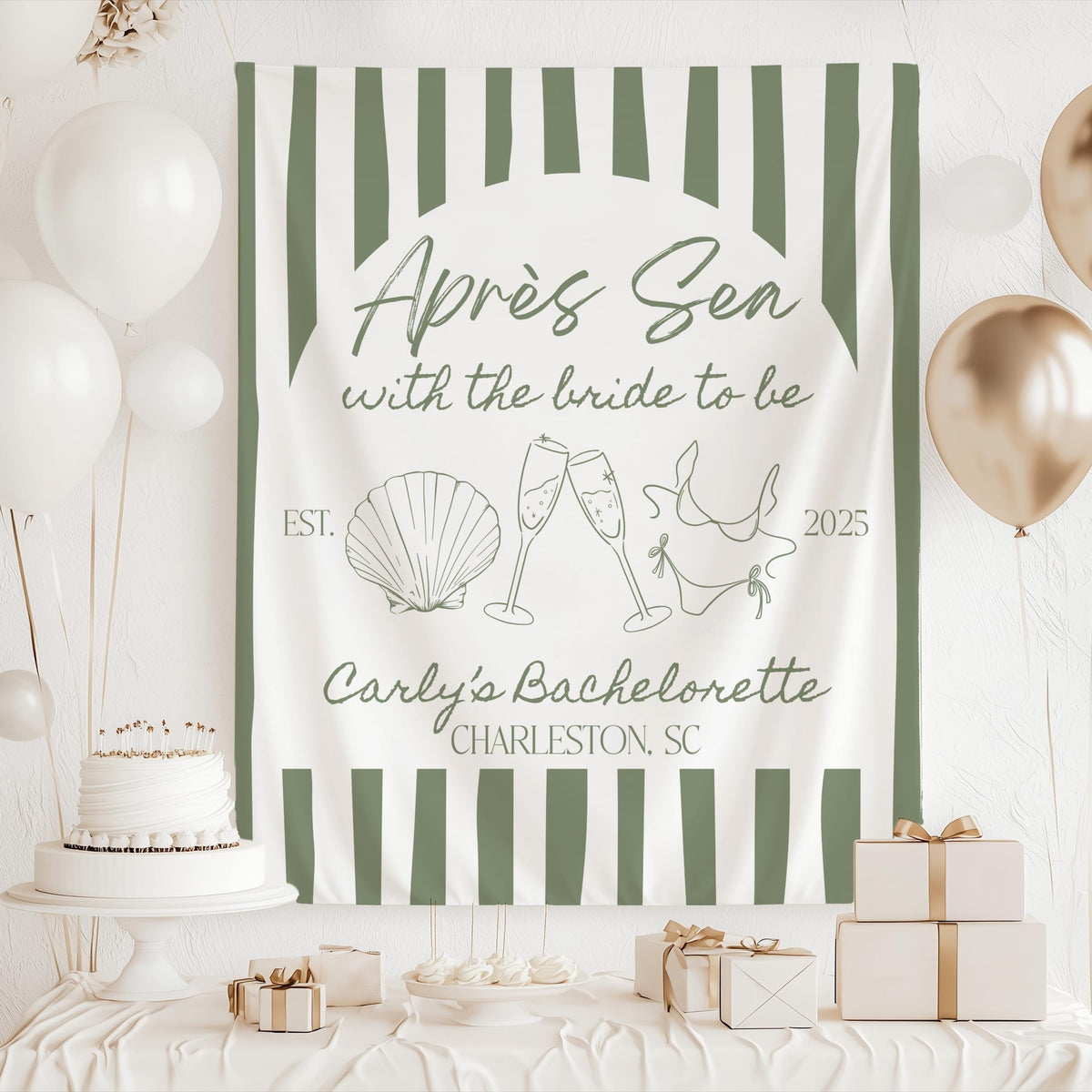 Custom Après Sea backdrop for a Charleston bachelorette party featuring coastal artwork and personalized event details
