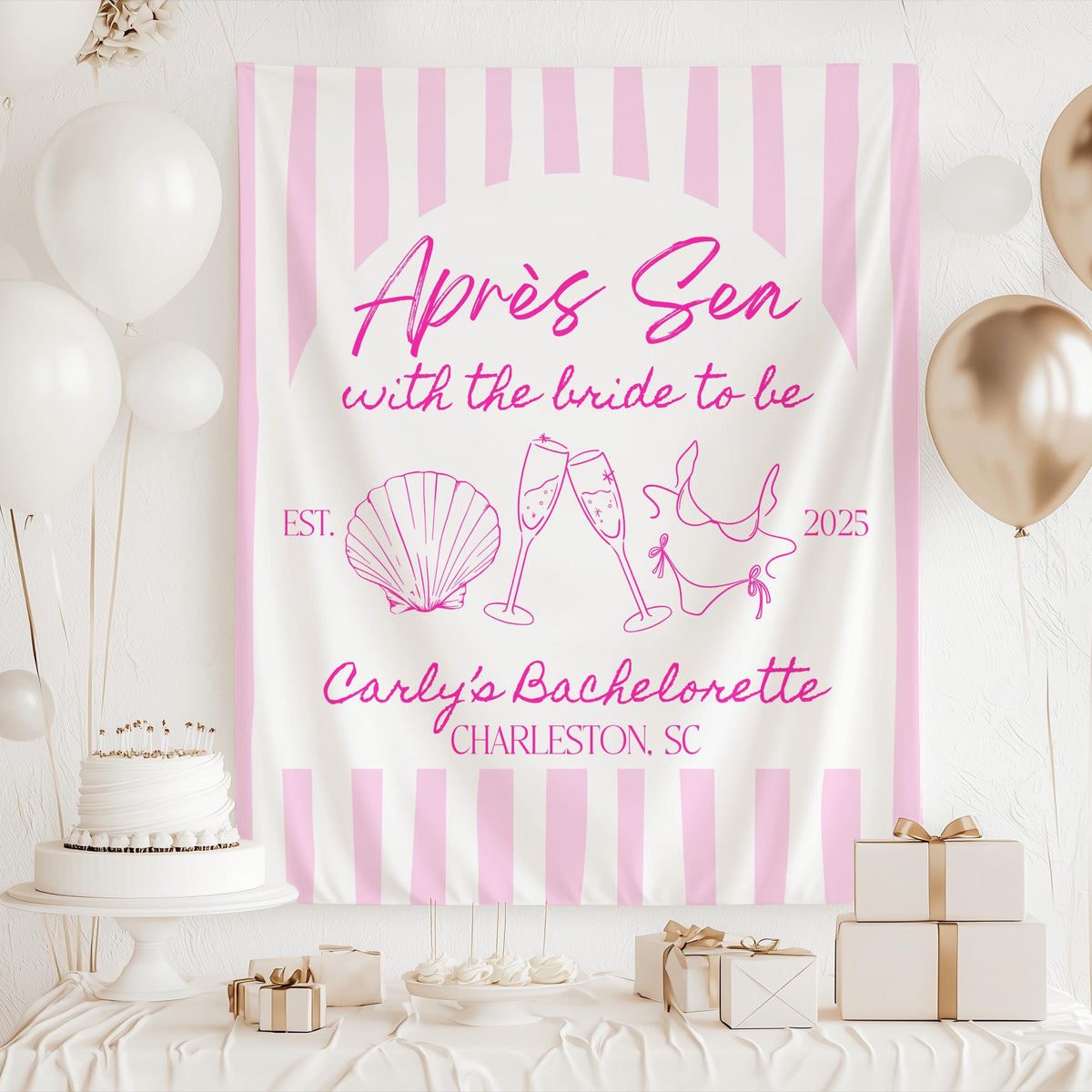 Beach bridal party banner with personalized Après Sea design perfect for Charleston Florida and destination bachelorette trips
