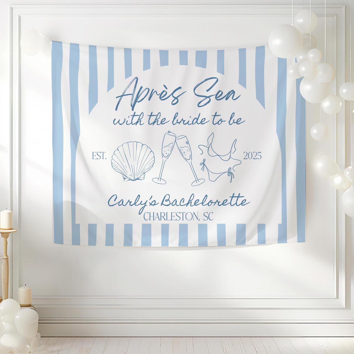 Custom coastal bachelorette banner featuring seashell bikini champagne glasses and personalized wording for a beach celebration
