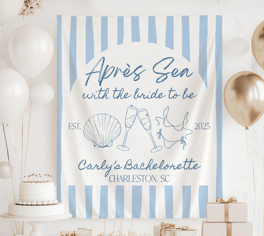 Personalized Après Sea bachelorette banner with blue stripes champagne glasses seashell and custom name for a beach bridal party
