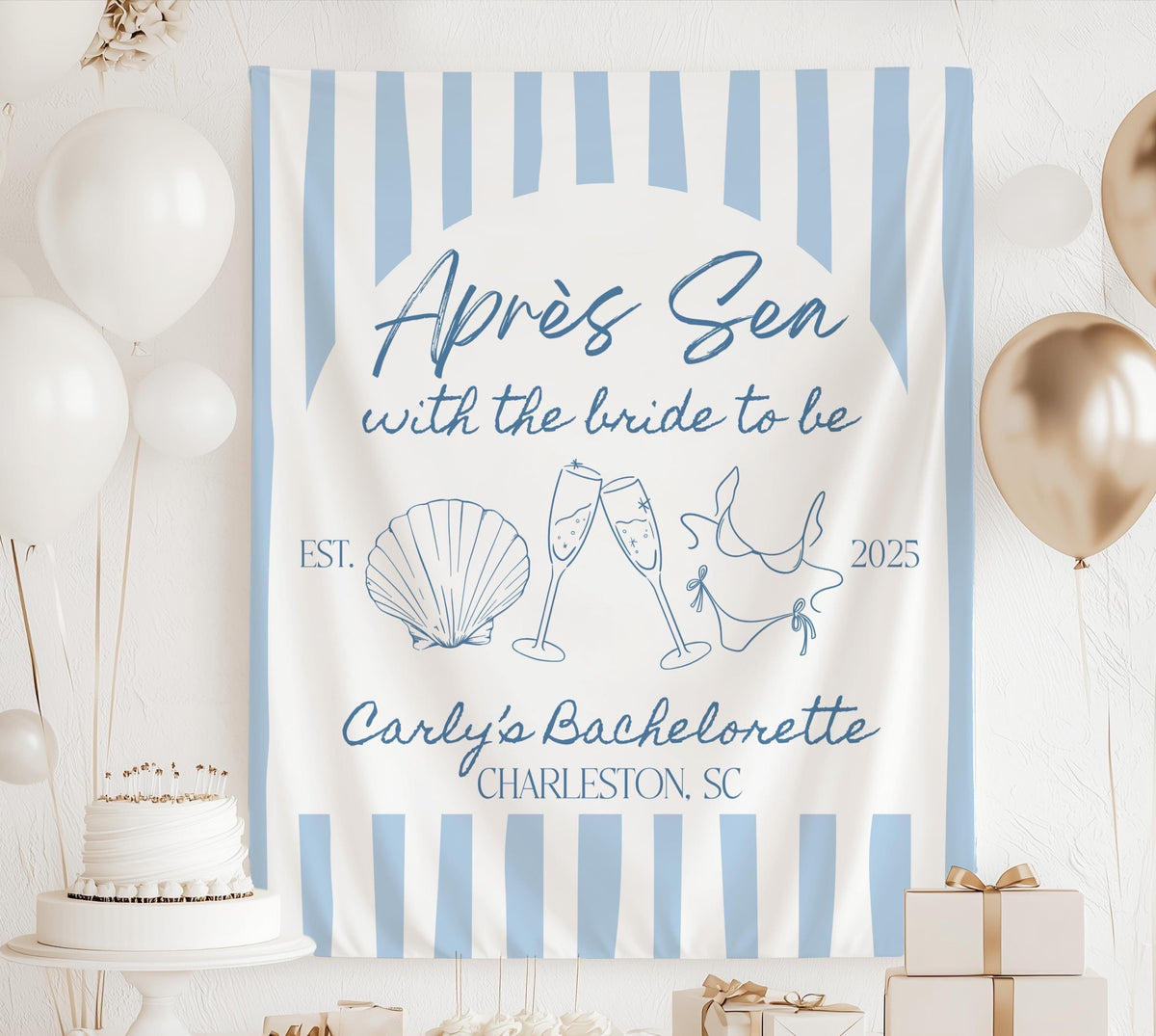 Personalized Après Sea bachelorette banner with blue stripes champagne glasses seashell and custom name for a beach bridal party
