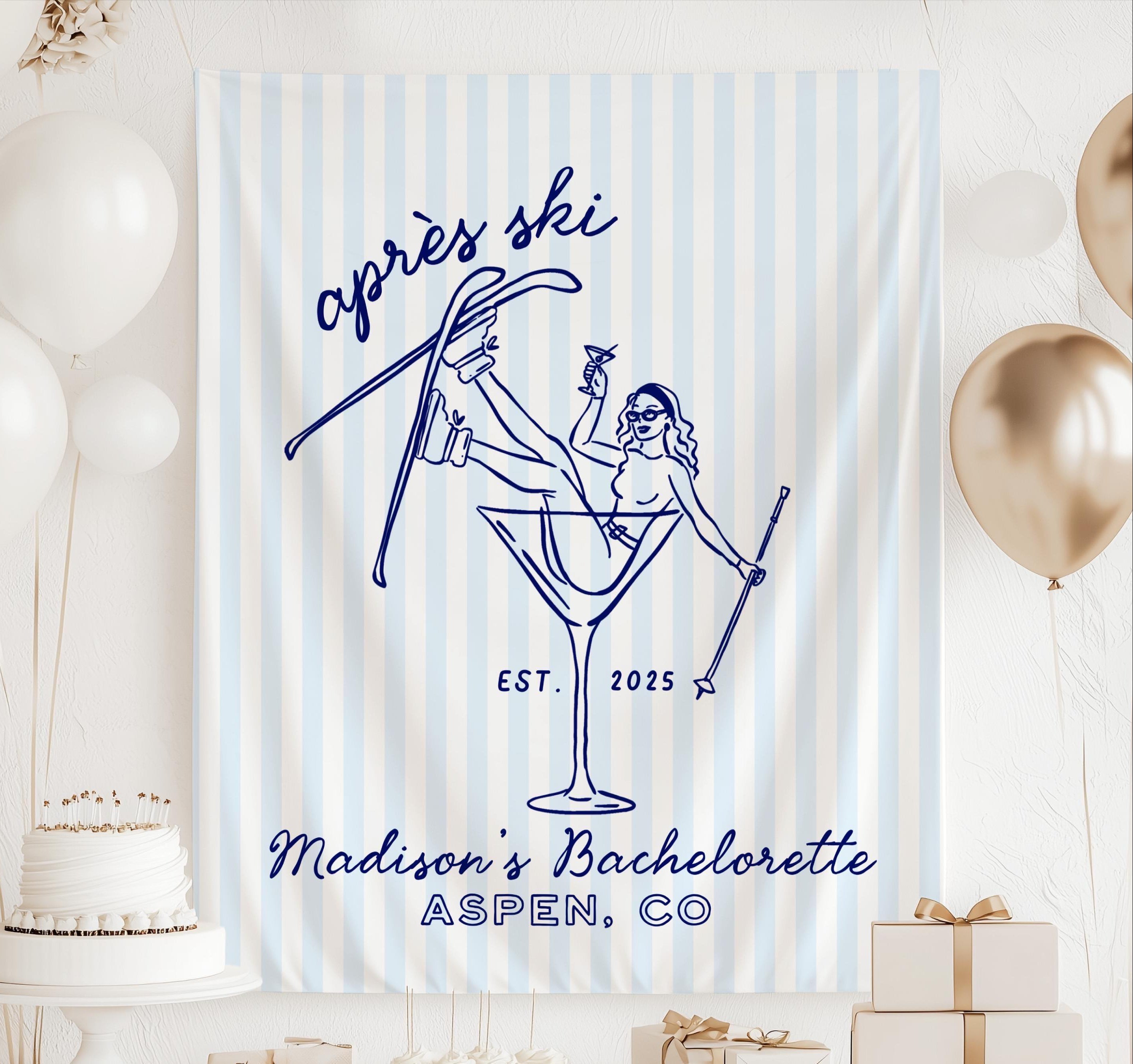 Personalized Après Ski bachelorette banner featuring martini glass, ski illustration, and custom destination for a winter bachelorette party.