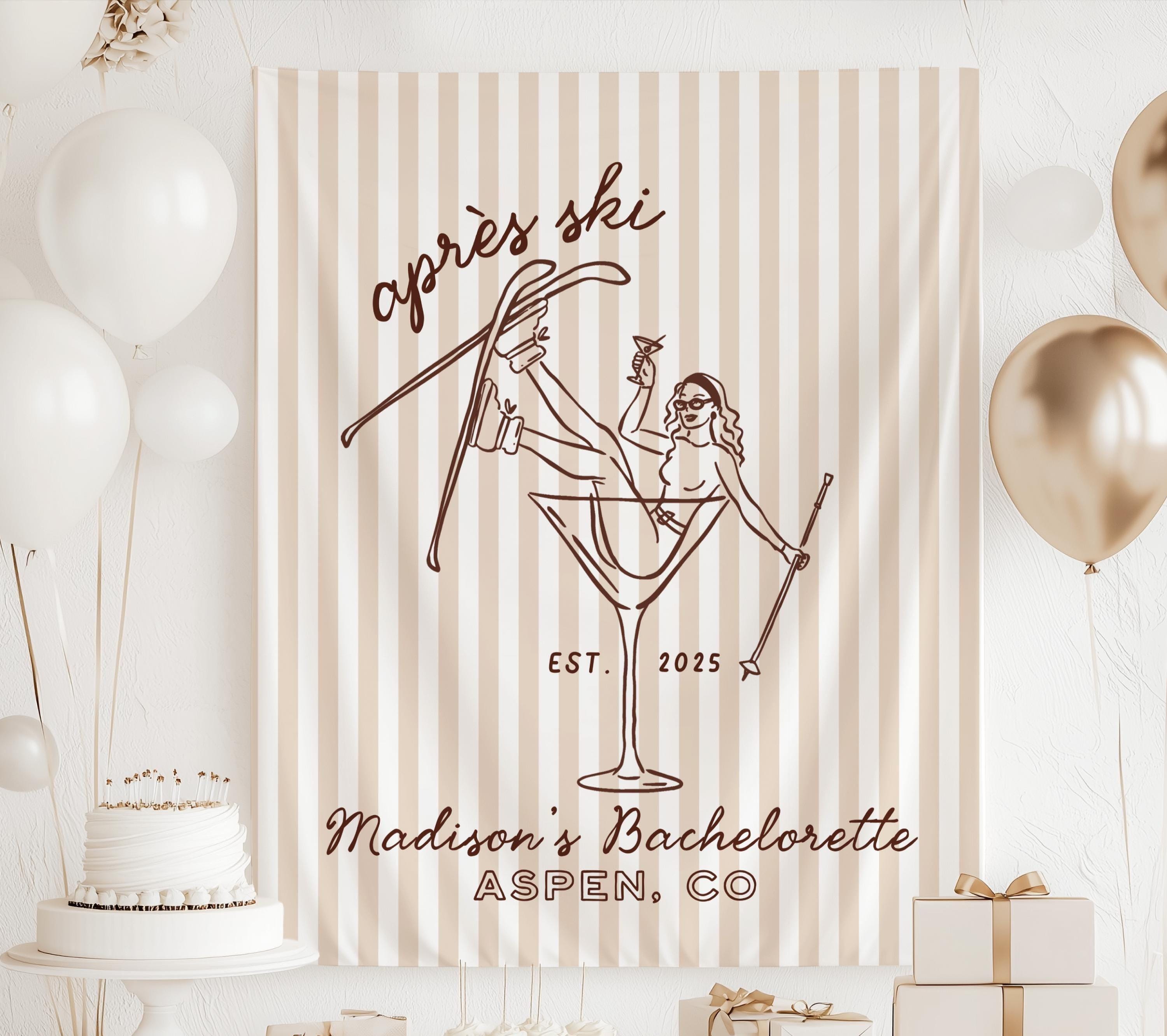 Custom ski bachelorette backdrop personalized for an Aspen bachelorette weekend.