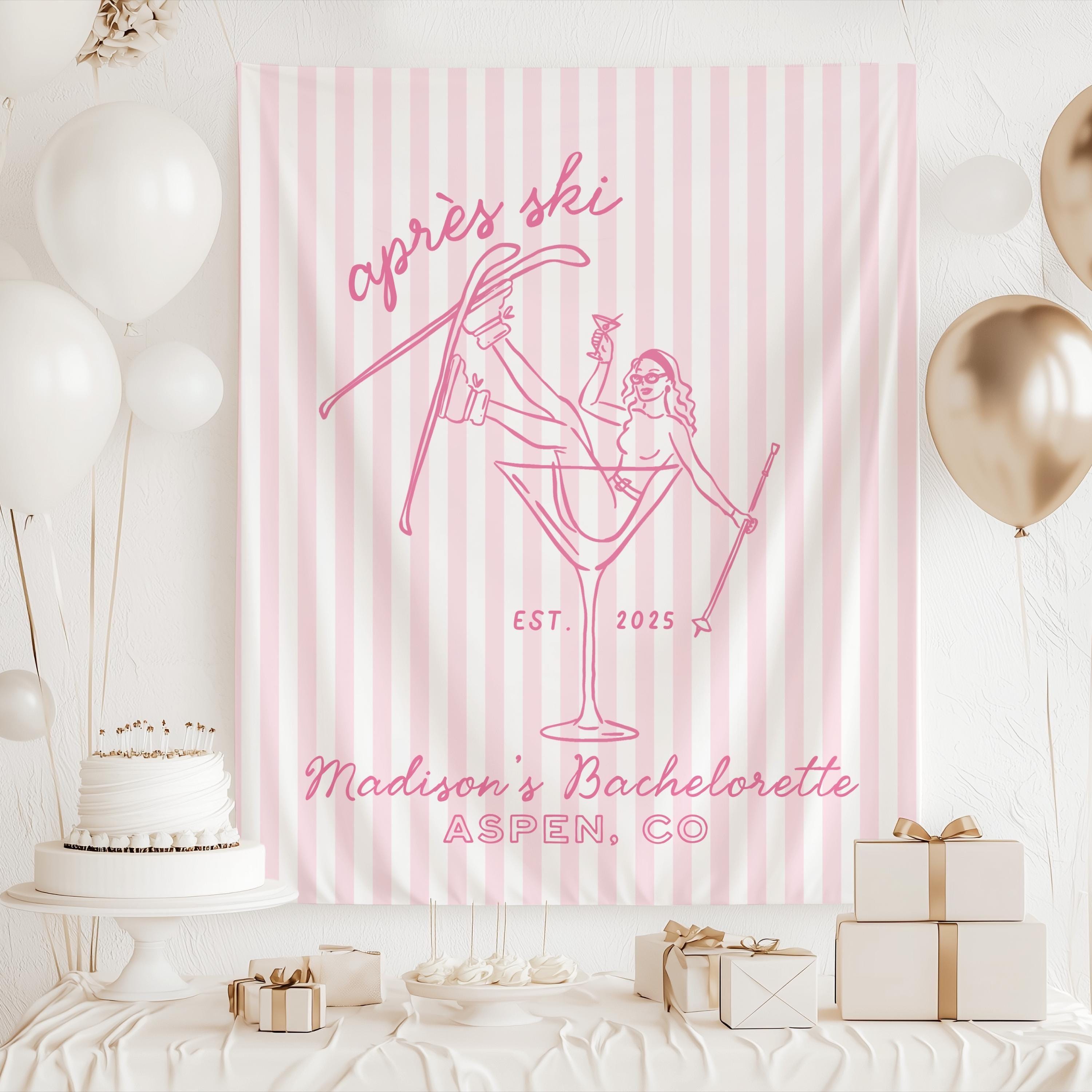 Personalized Aspen bachelorette banner perfect for ski trips, chalet parties, and winter girls weekends.
