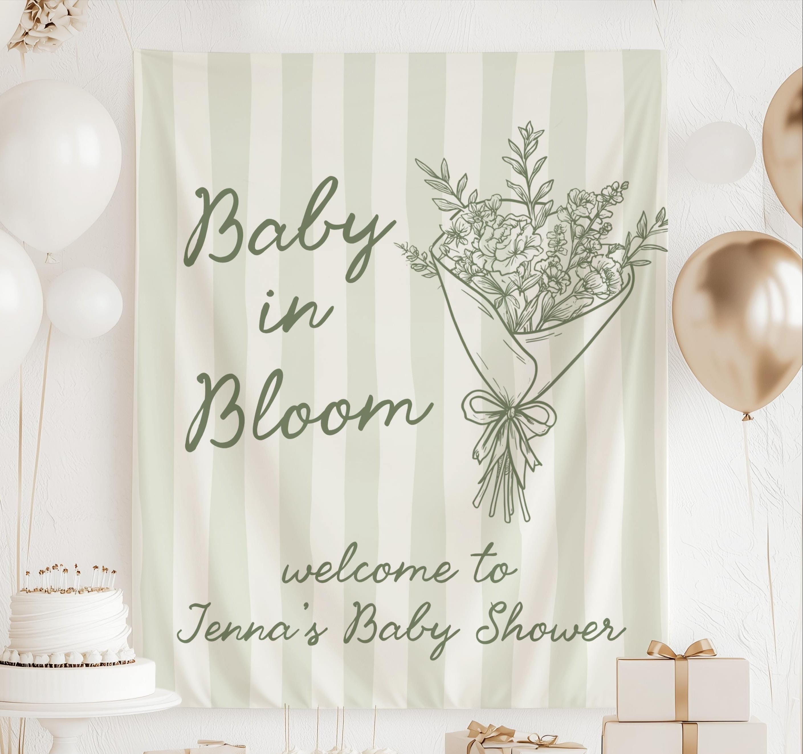 Personalized Baby in Bloom baby shower banner with floral bouquet illustration and custom event details