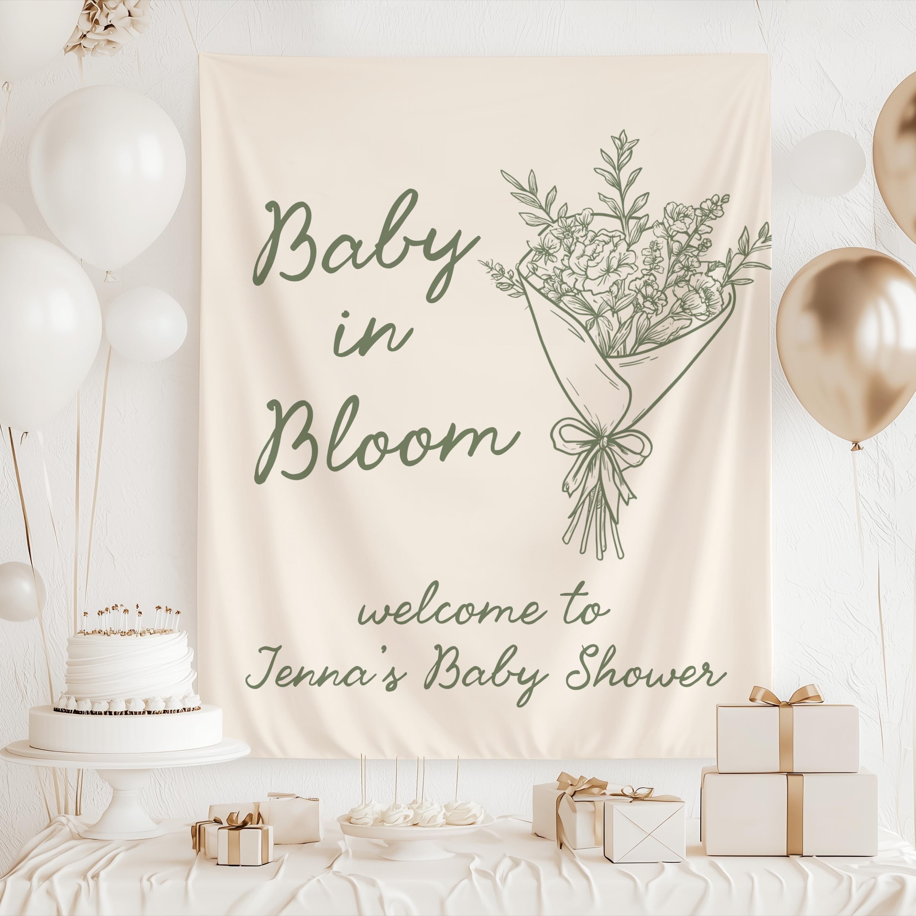 Custom Baby in Bloom baby shower backdrop featuring elegant floral bouquet artwork and personalized wording