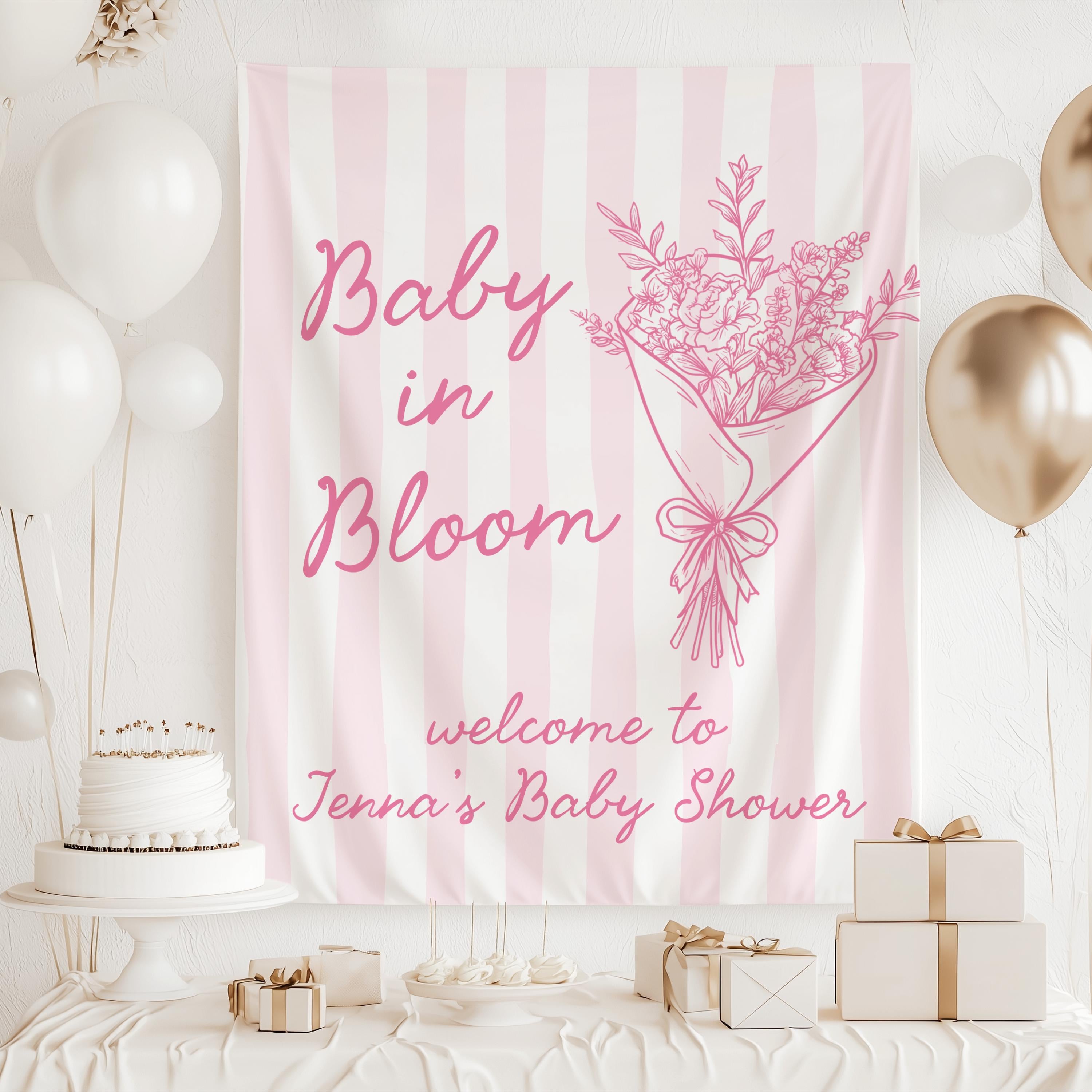 Floral baby shower photo backdrop with personalized wording for a flower market themed celebration
