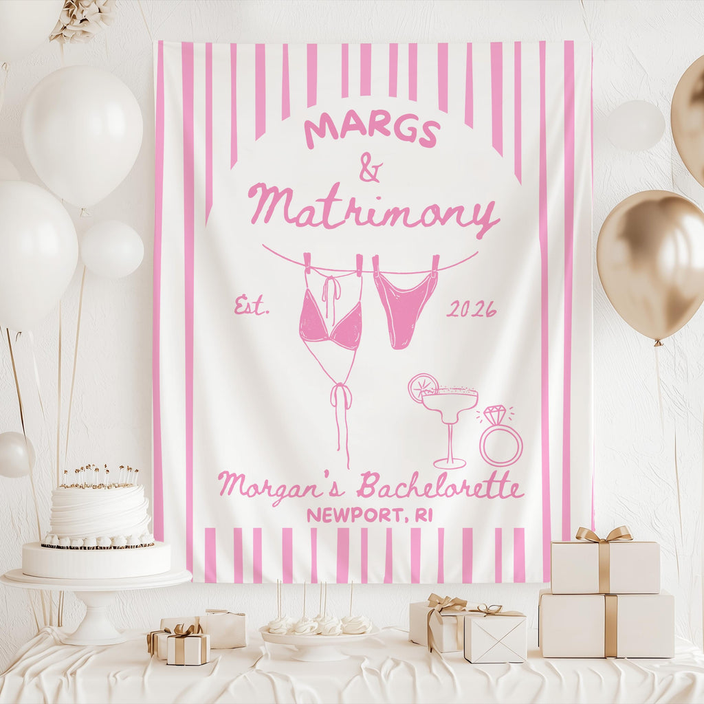 Custom bachelorette party backdrop with Margs and Matrimony design for girls trips