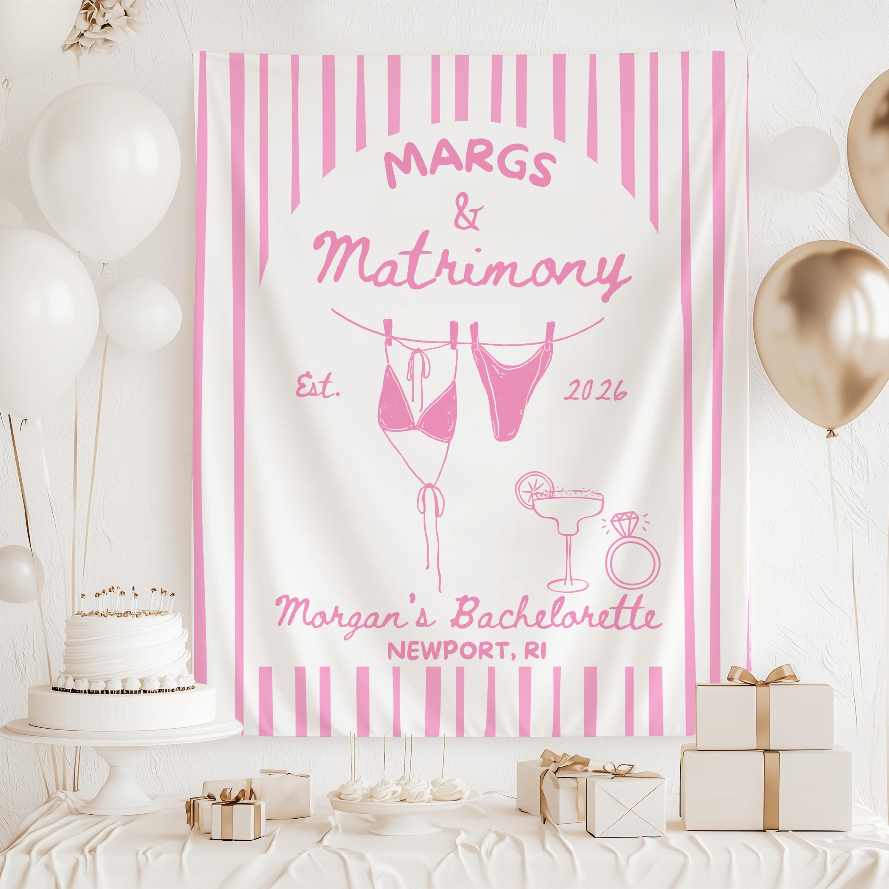 Custom bachelorette party backdrop with Margs and Matrimony design for girls trips