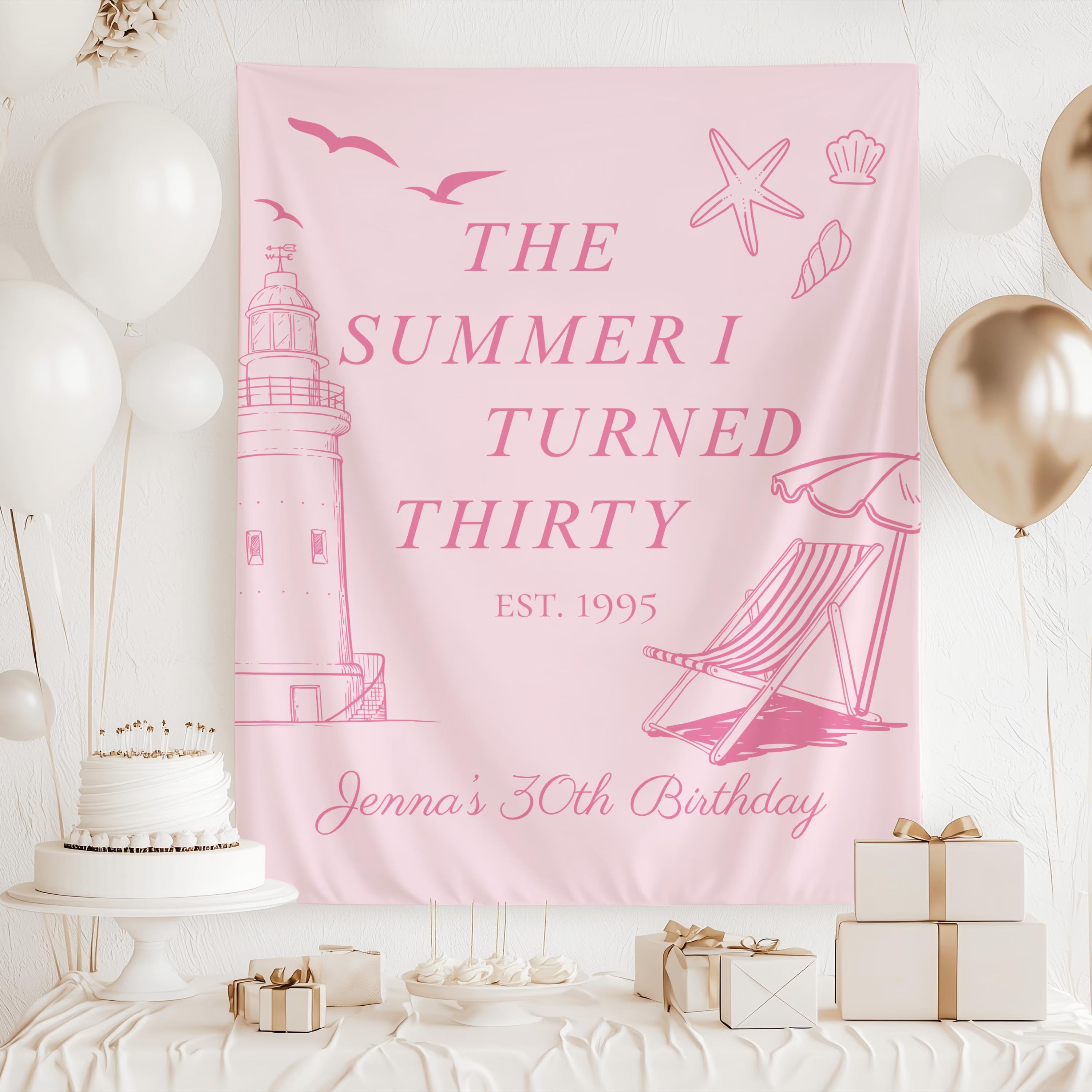 Personalized beach 30th birthday banner featuring seaside artwork lighthouse and coastal party theme