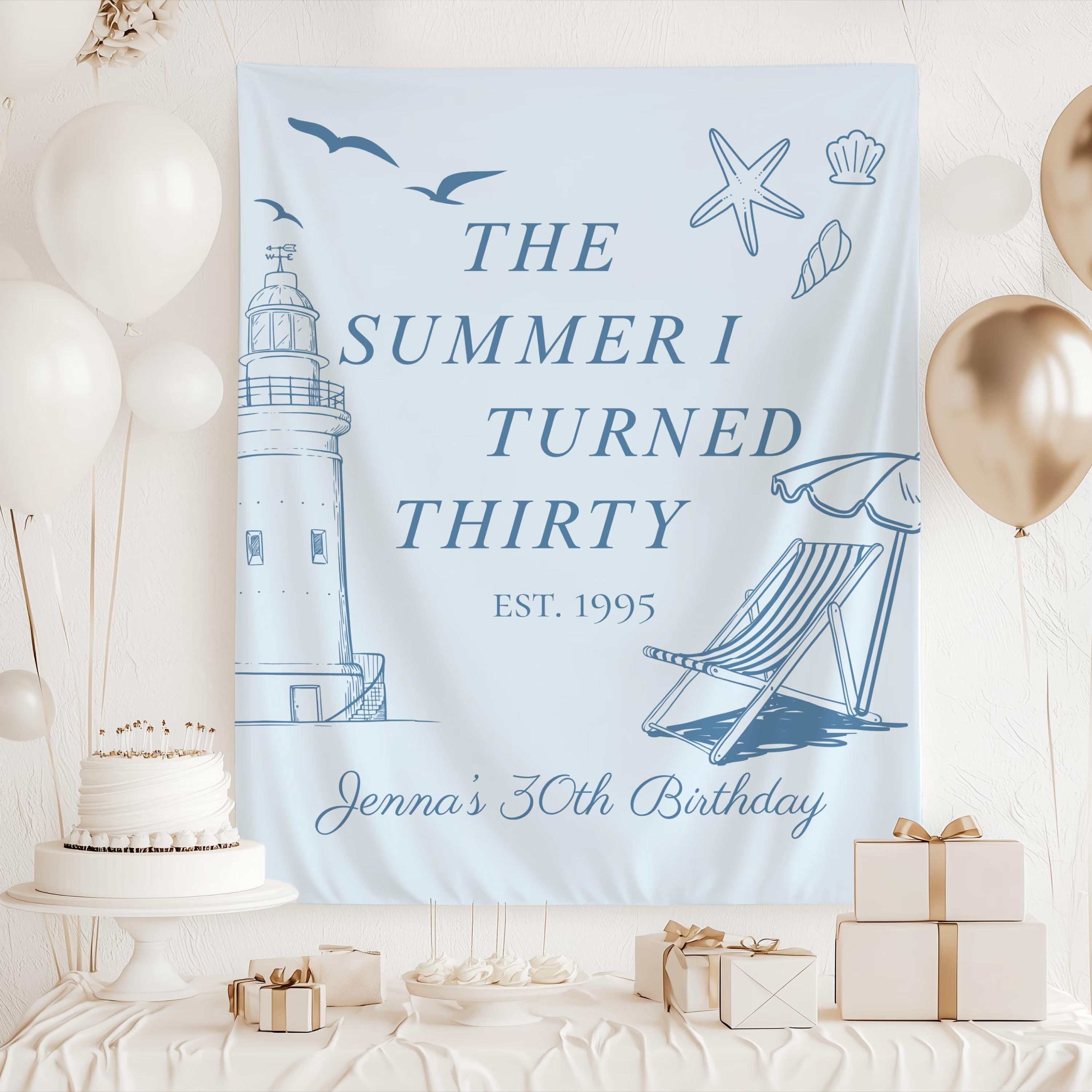Personalized beach themed 30th birthday party decor banner with lighthouse beach chair and seaside illustrations