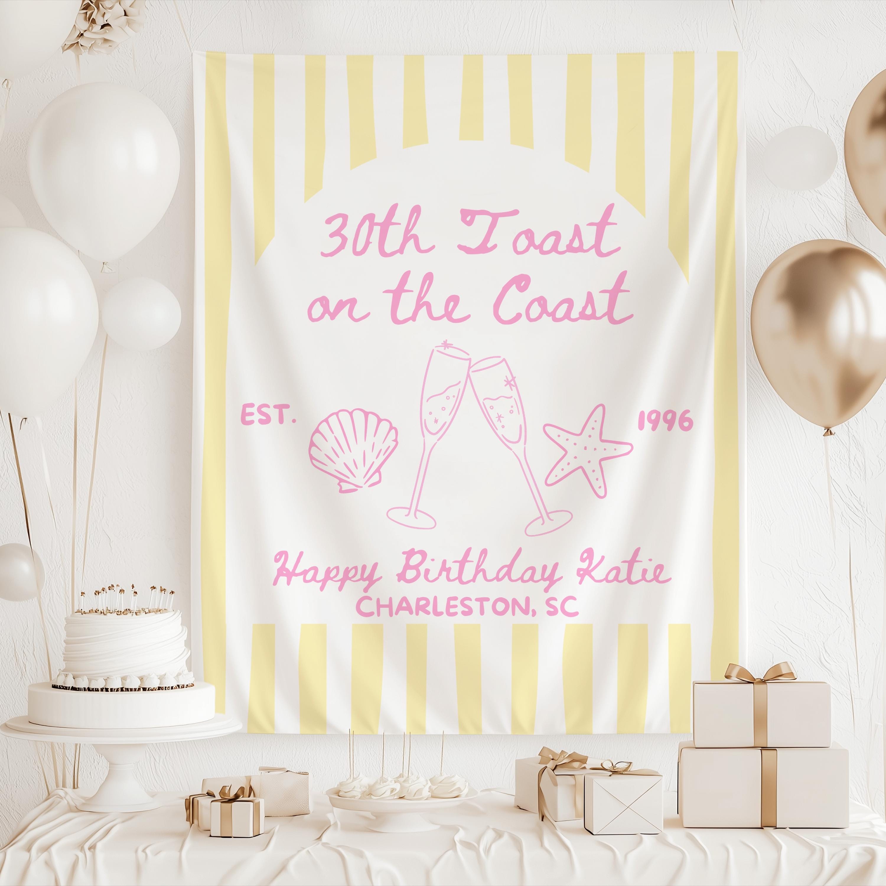 Beach themed 30th birthday party decorations banner with personalized name location and coastal artwork