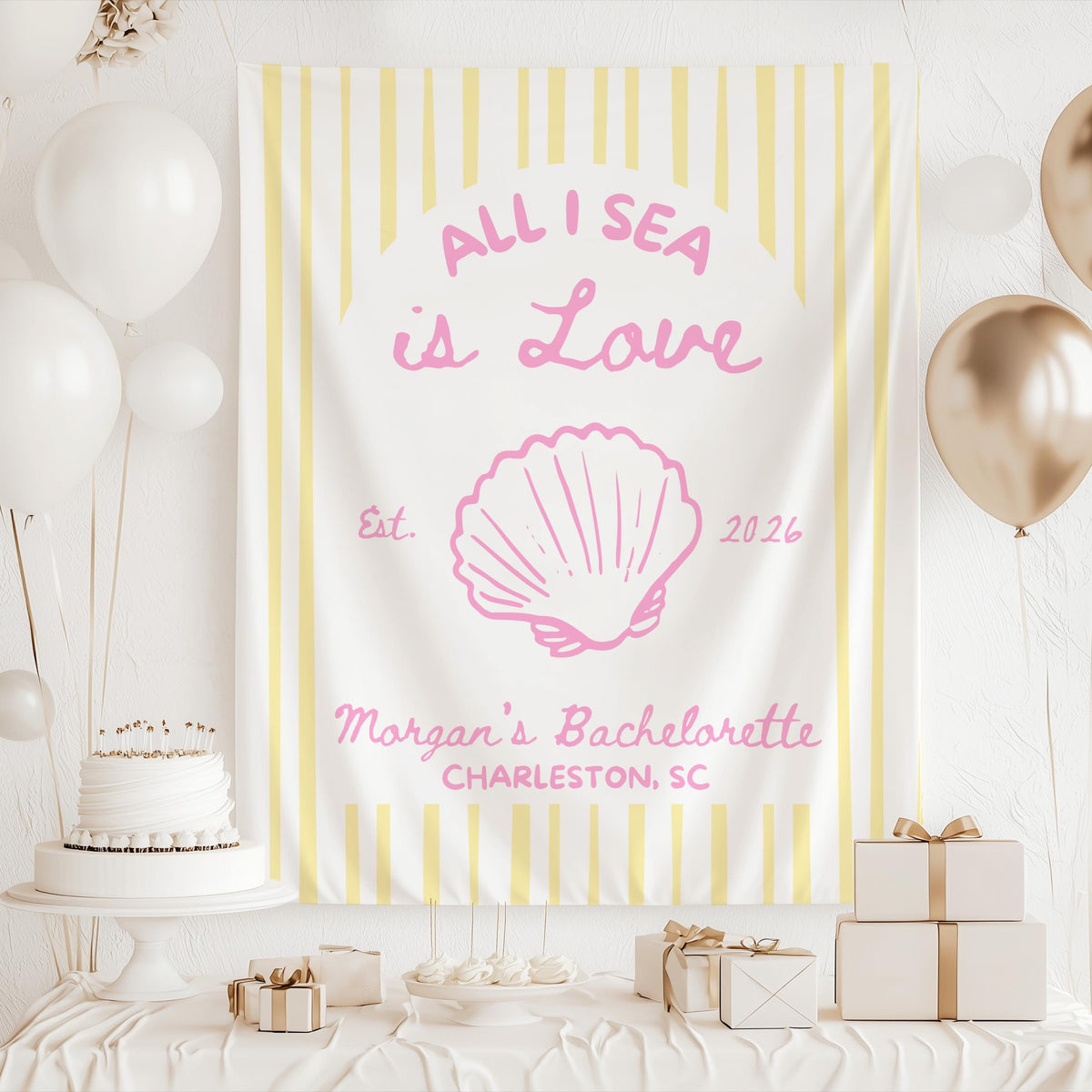 Beach bachelorette party tapestry featuring All I Sea Is Love design with customizable destination and year
