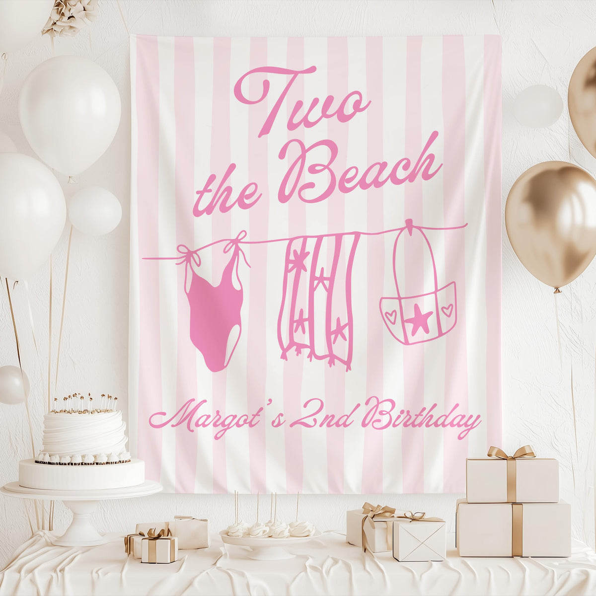 ustom beach birthday backdrop for cake table decorations and birthday party photos
