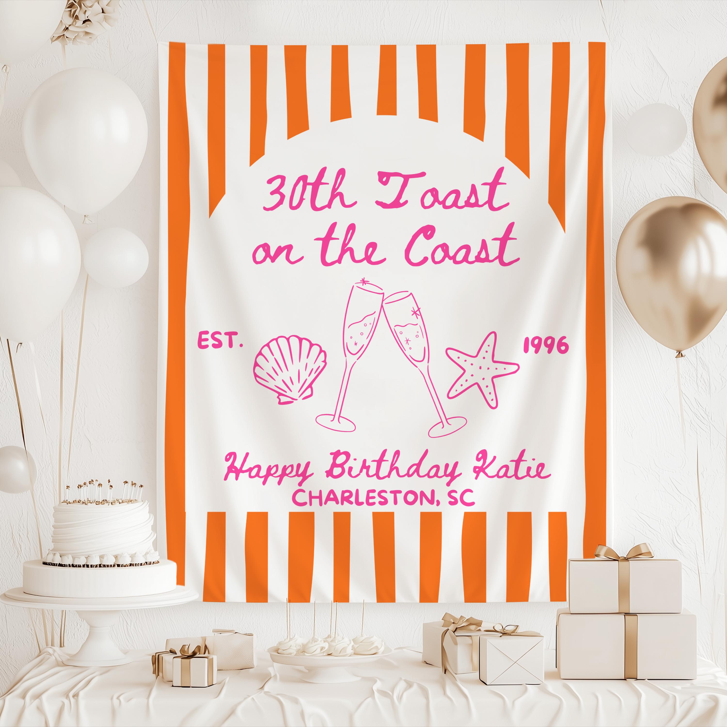 Coastal birthday wall decor banner with champagne glasses seashells starfish and personalized 30th birthday details