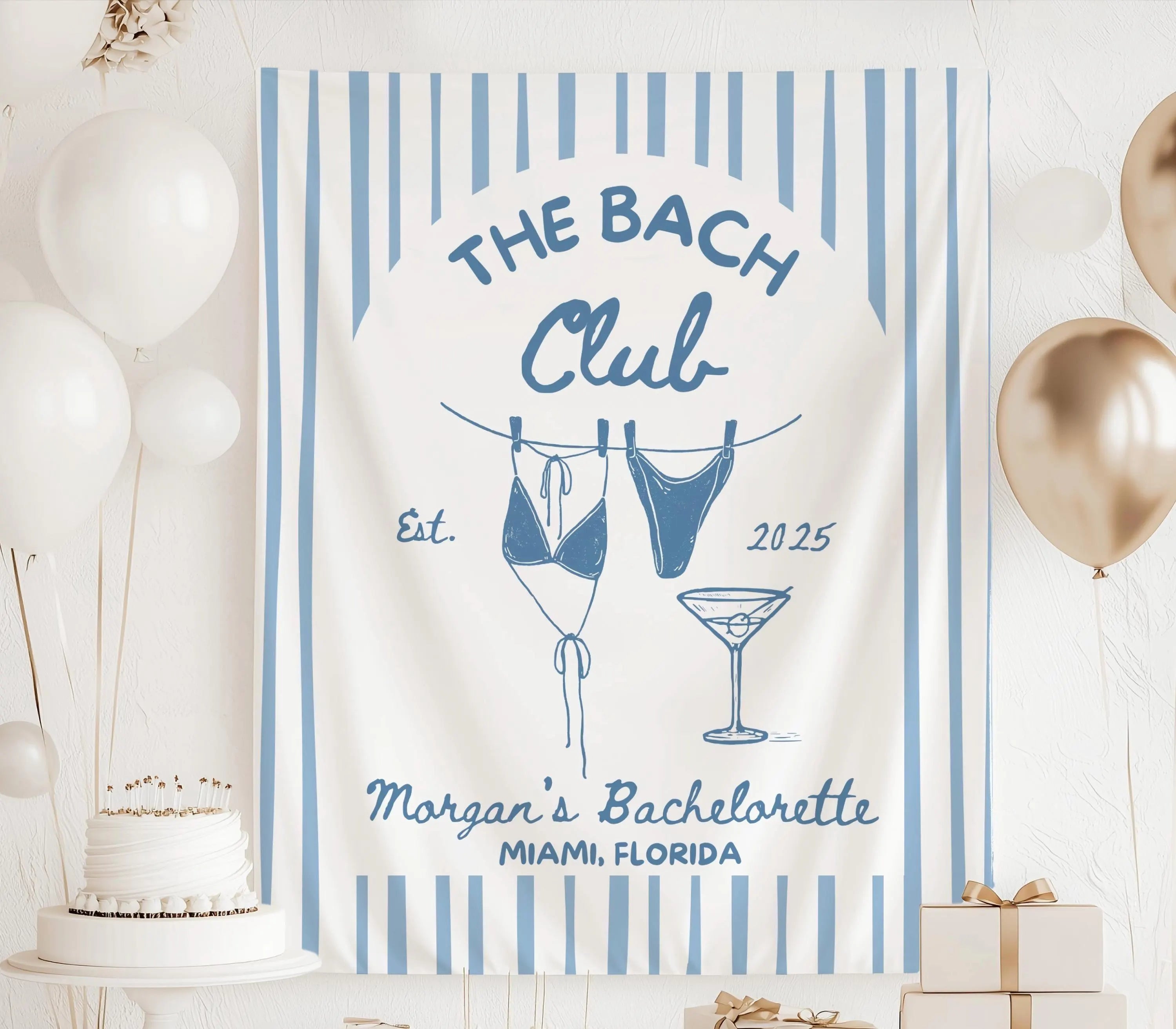 Beach house bachelorette party backdrop personalized with bride's name and trendy coastal bikini themed doodles