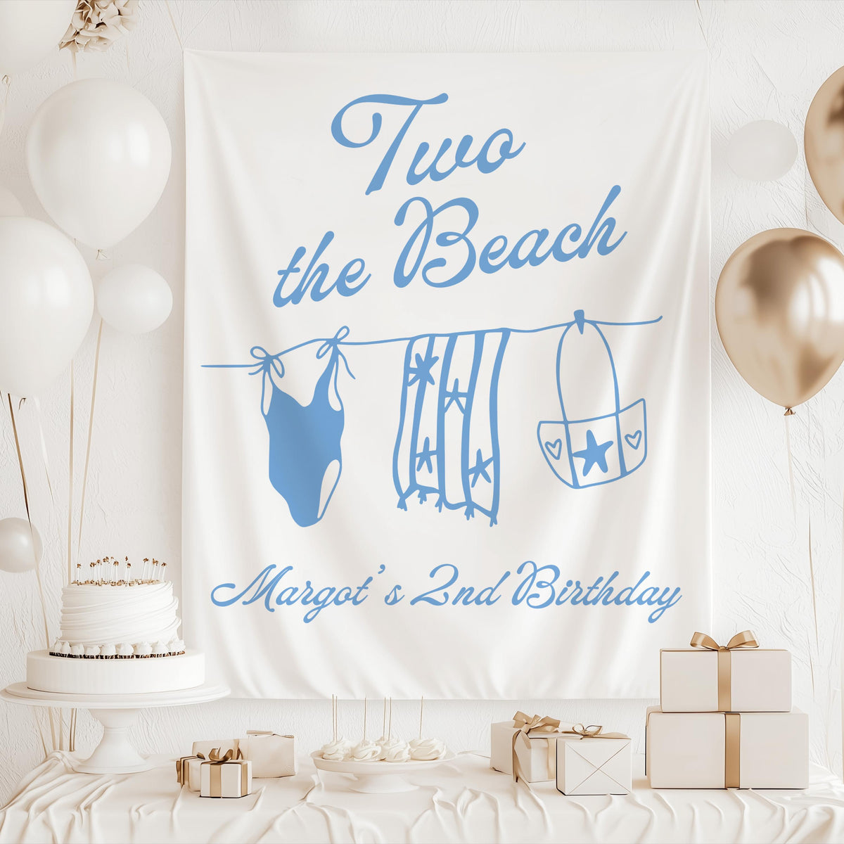 Custom beach second birthday backdrop personalized with name 