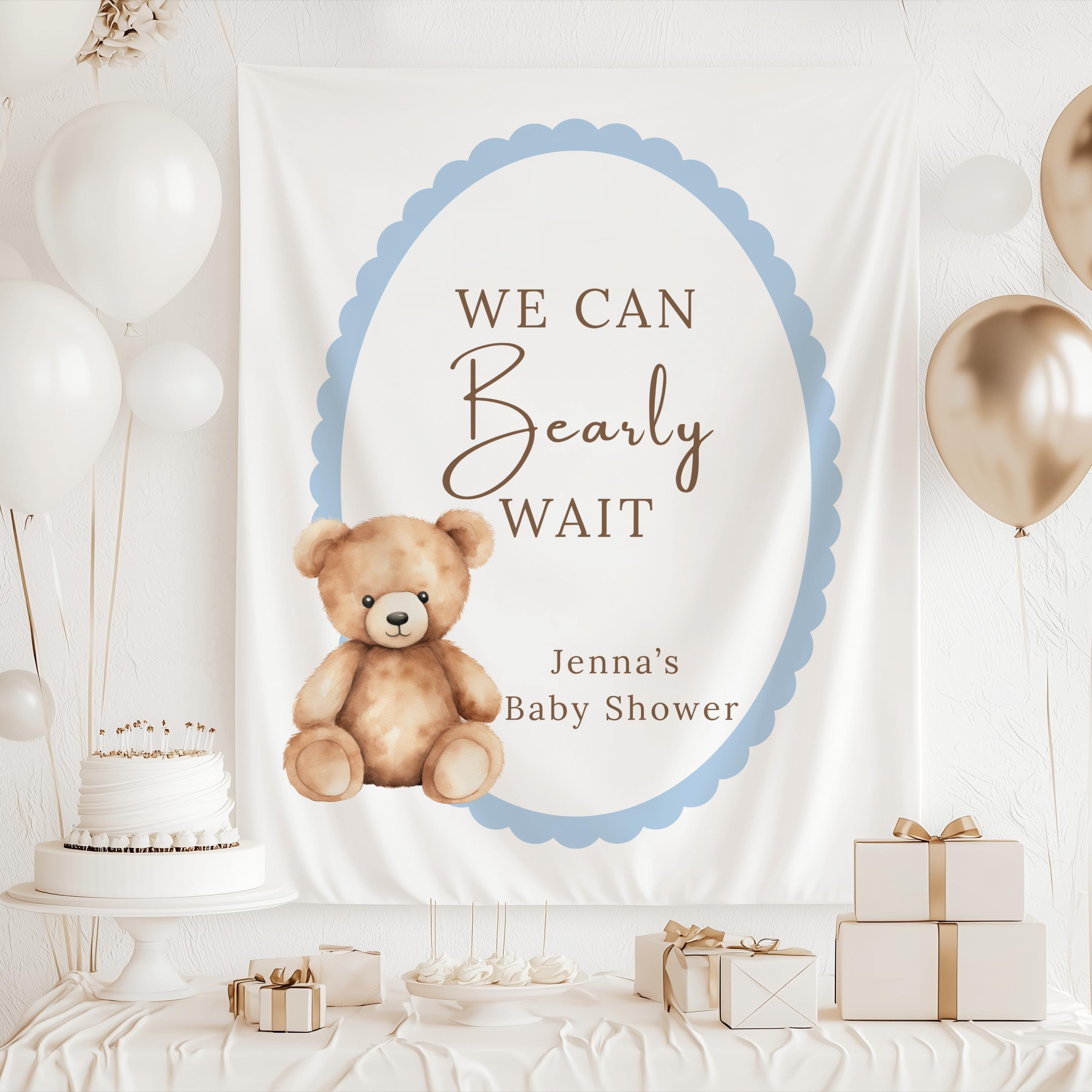 Custom bear themed baby shower backdrop featuring a cute teddy bear and personalized welcome message
