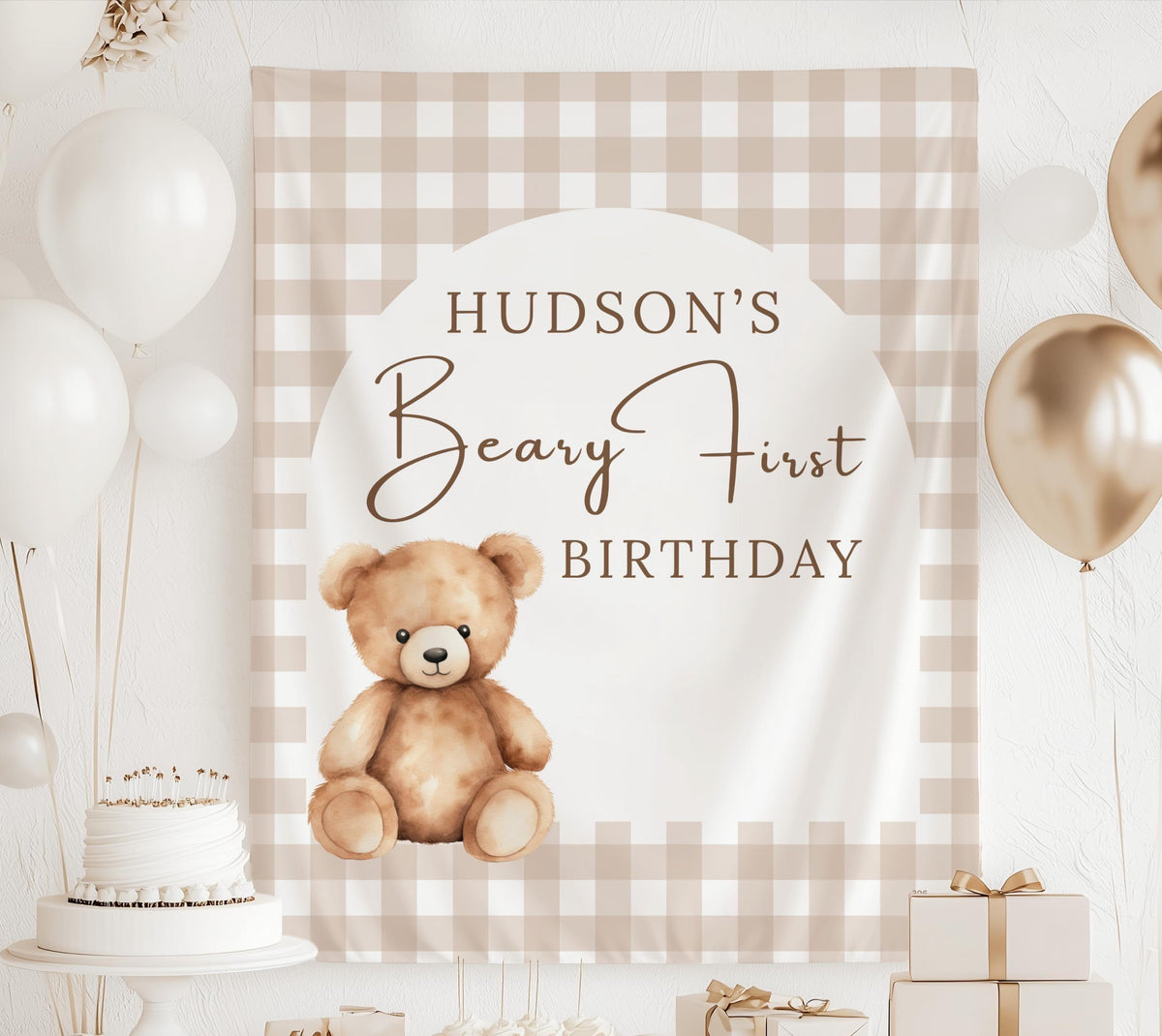 Personalized Beary First birthday party banner available in multiple colors and sizes