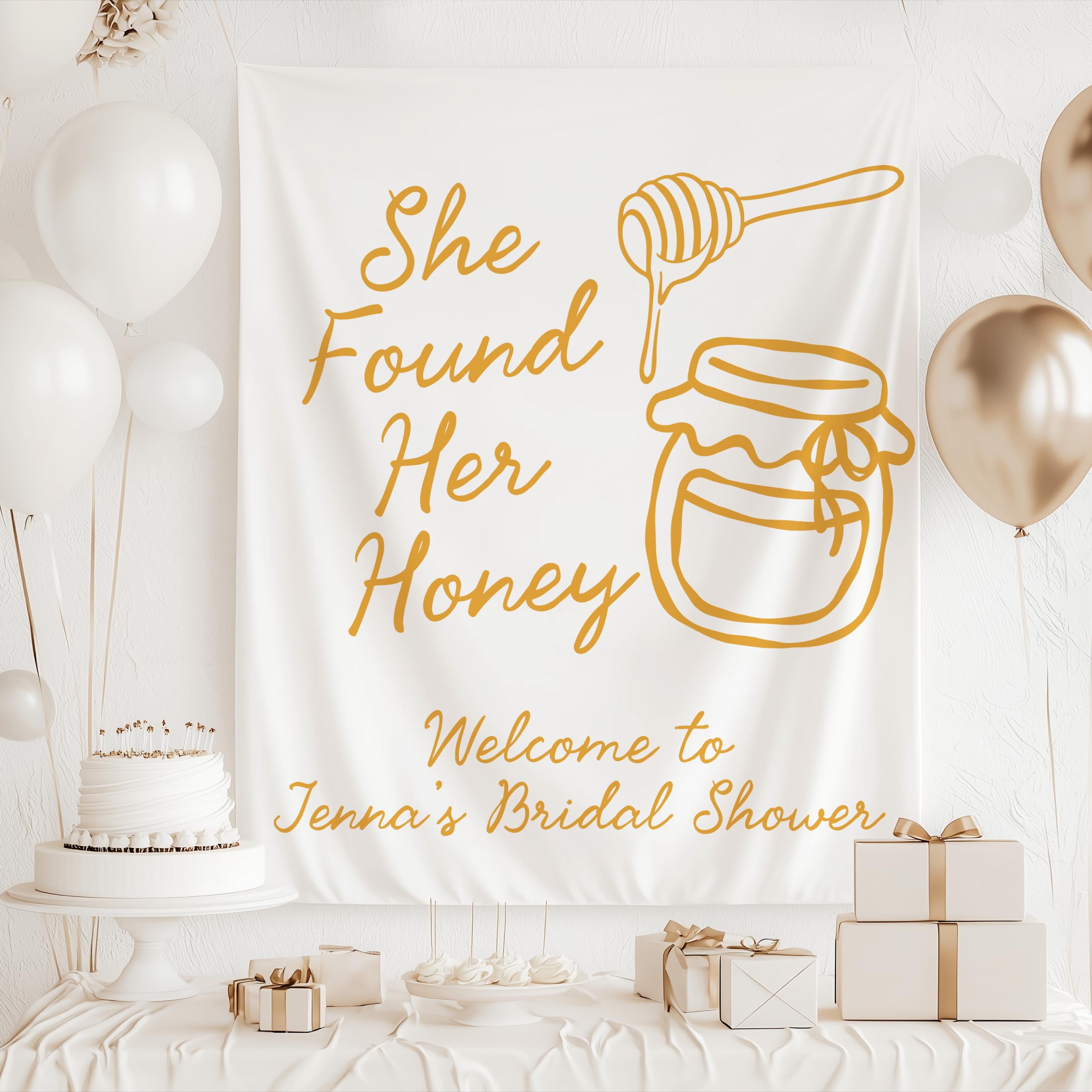 Bee themed bridal shower backdrop featuring honey jar honey dipper and personalized bridal shower wording