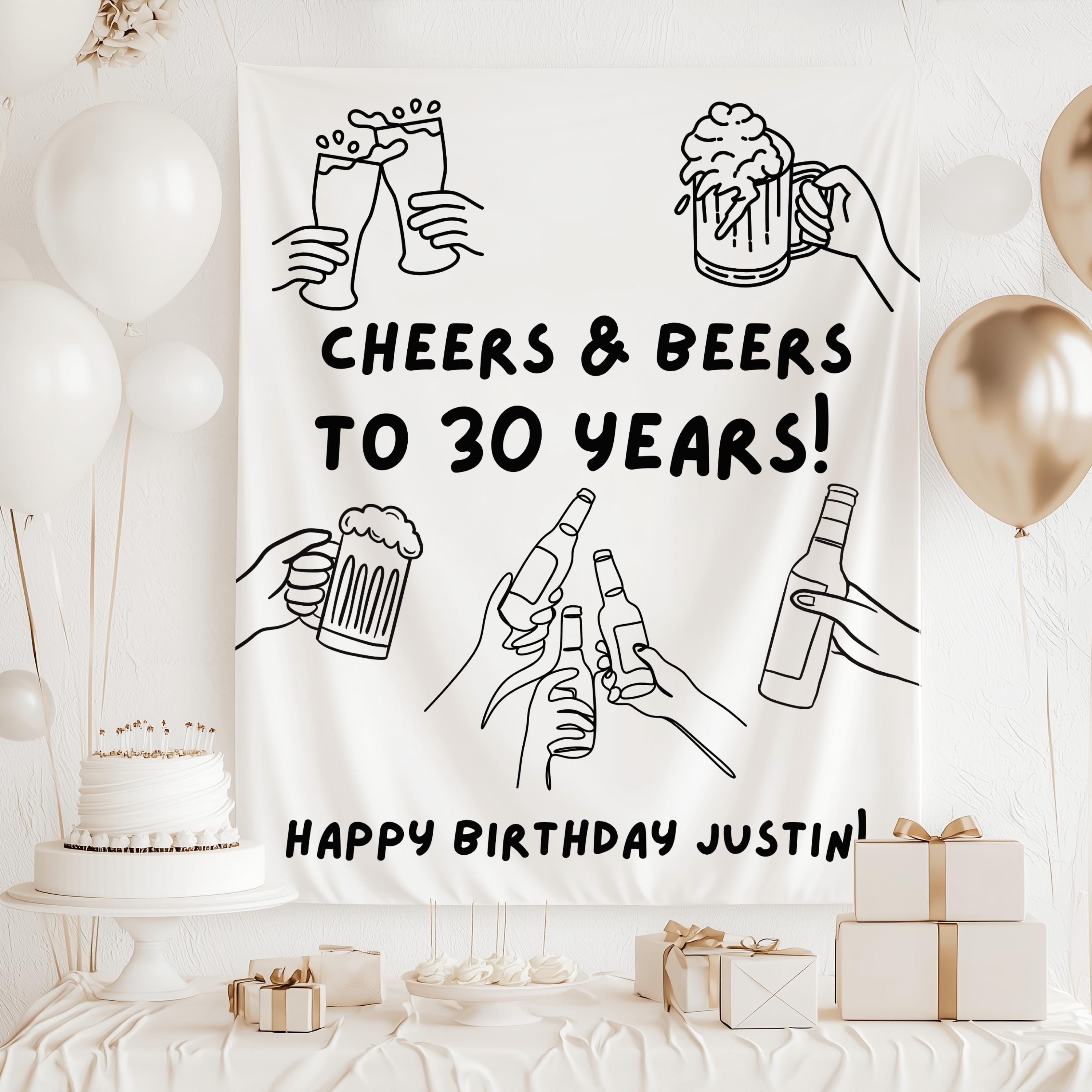 Custom beer birthday party backdrop featuring Cheers and Beers design personalized with any age and name