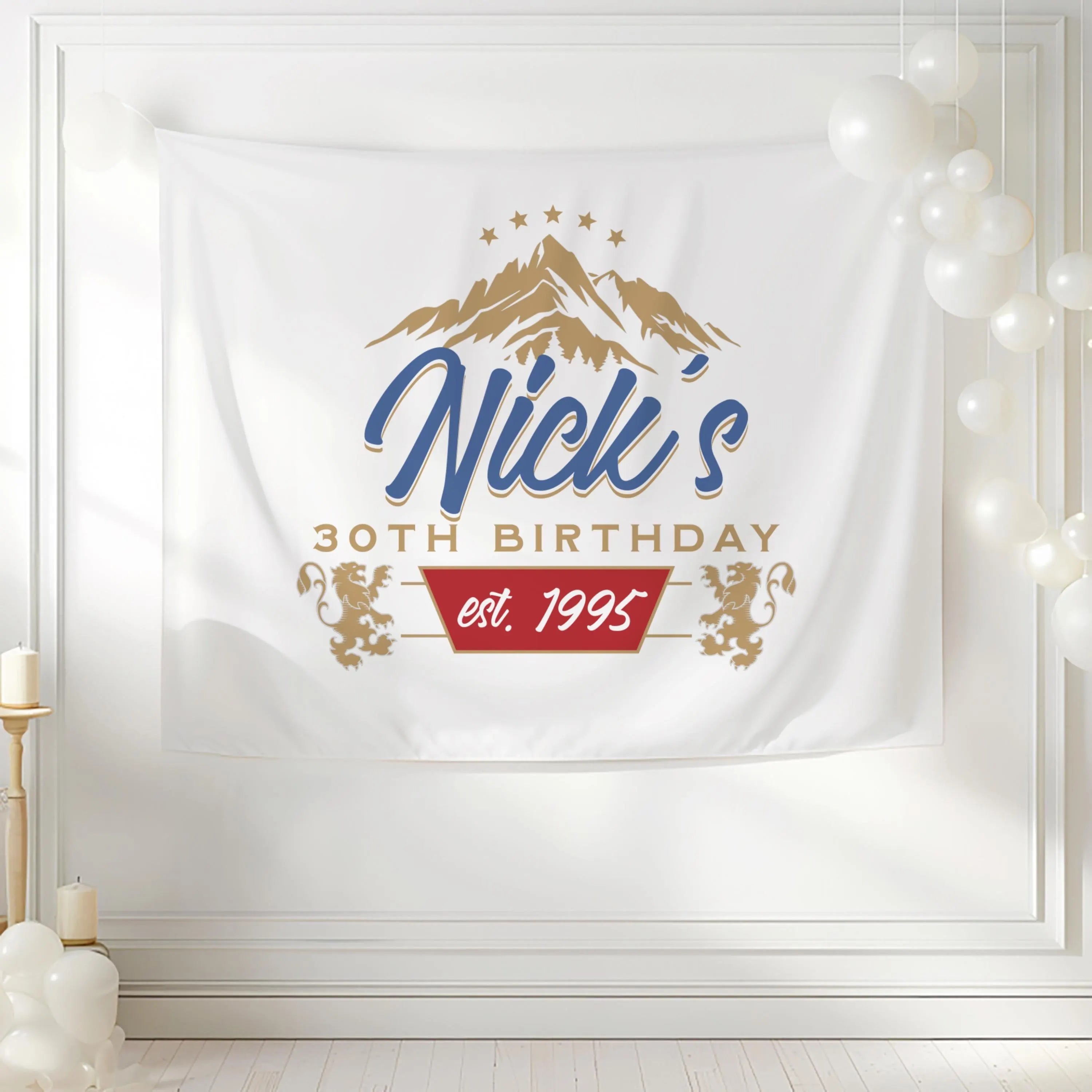Custom beer birthday party backdrop featuring mountain inspired design personalized with any age and name