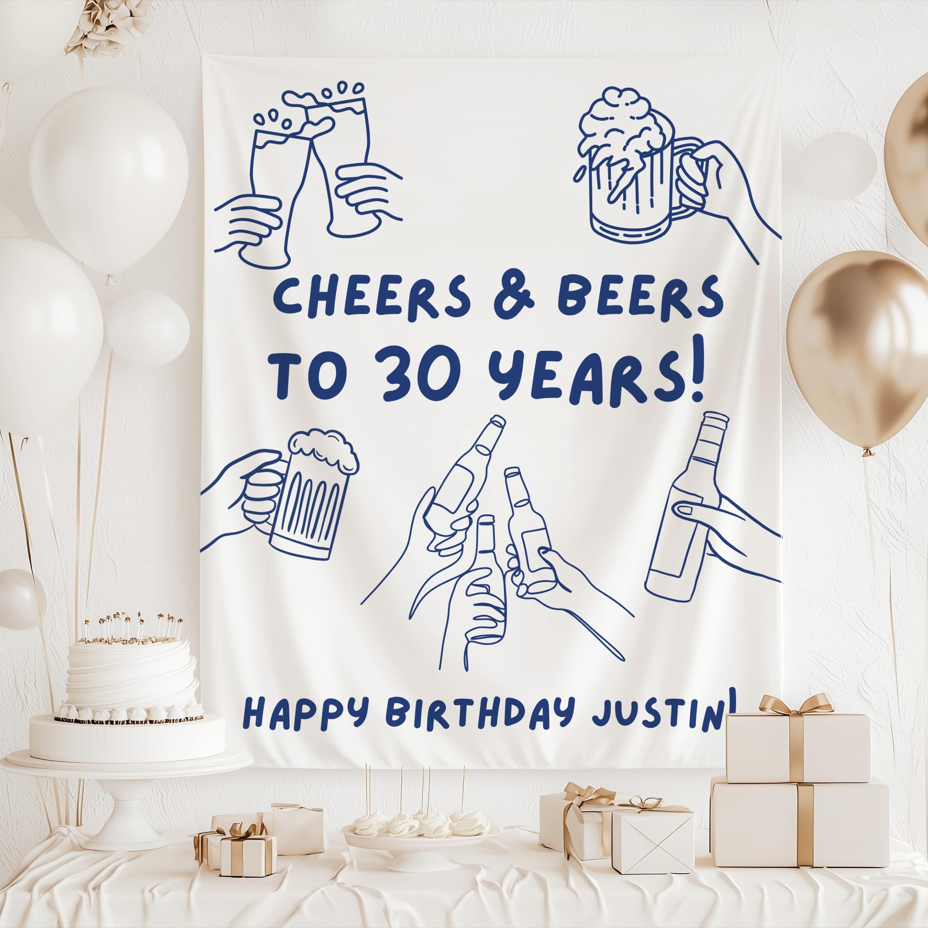 Personalized beer birthday photo backdrop for milestone birthday parties with custom name and age