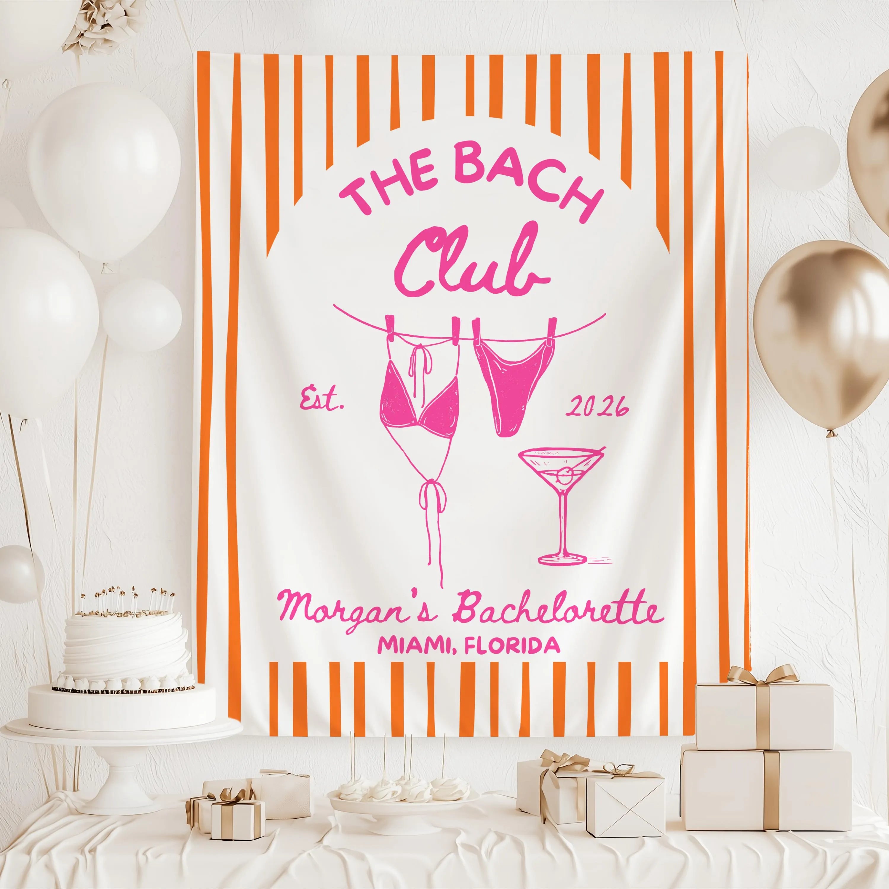 Personalized bikini bachelorette banner featuring striped coastal design and custom bach weekend decorations.