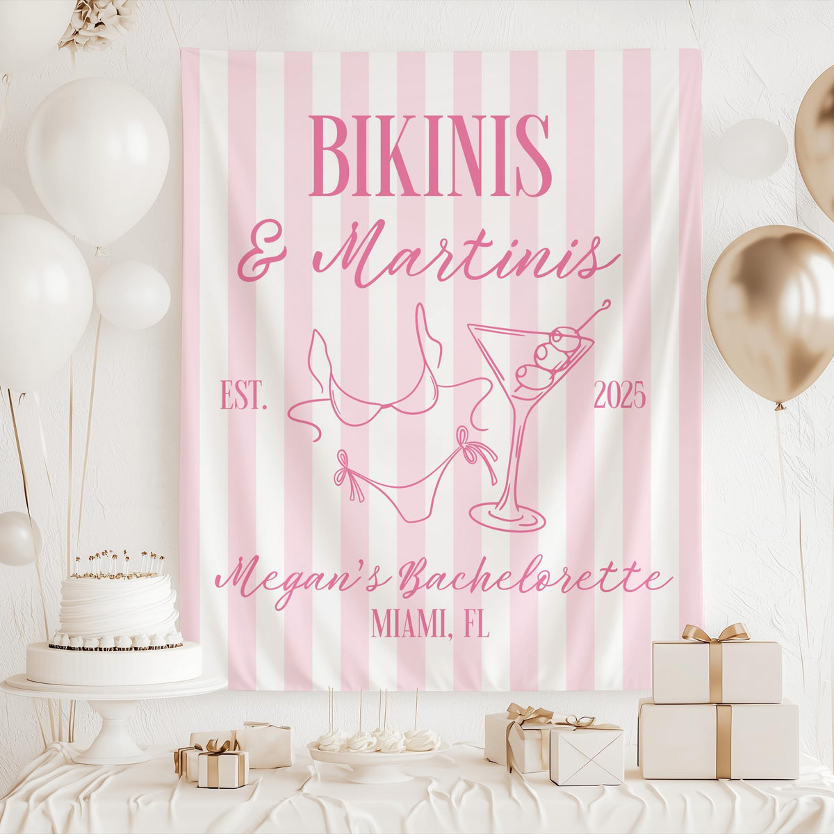 Beach bachelorette party banner with bikini and martini theme, personalized for destination bridal weekends and girls trips.