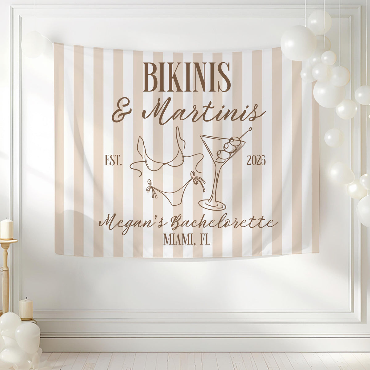 Personalized bikini themed bachelorette backdrop featuring a striped design and custom bridal party details.