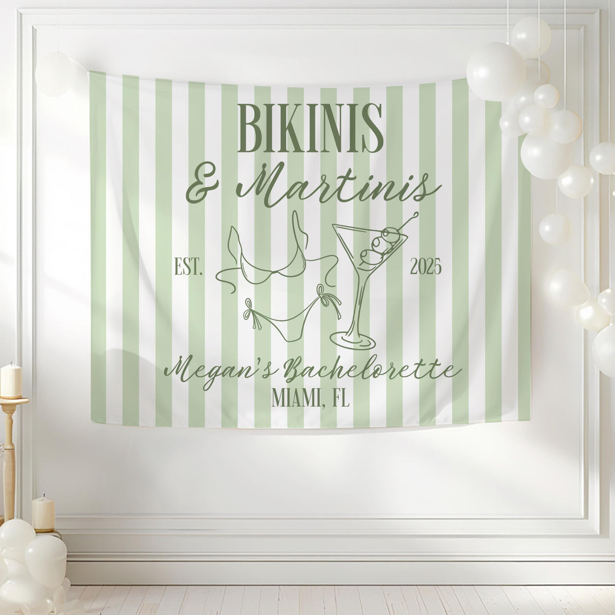 Martini themed bachelorette banner perfect for beach weekends, tropical bridal celebrations and destination bachelorette parties.