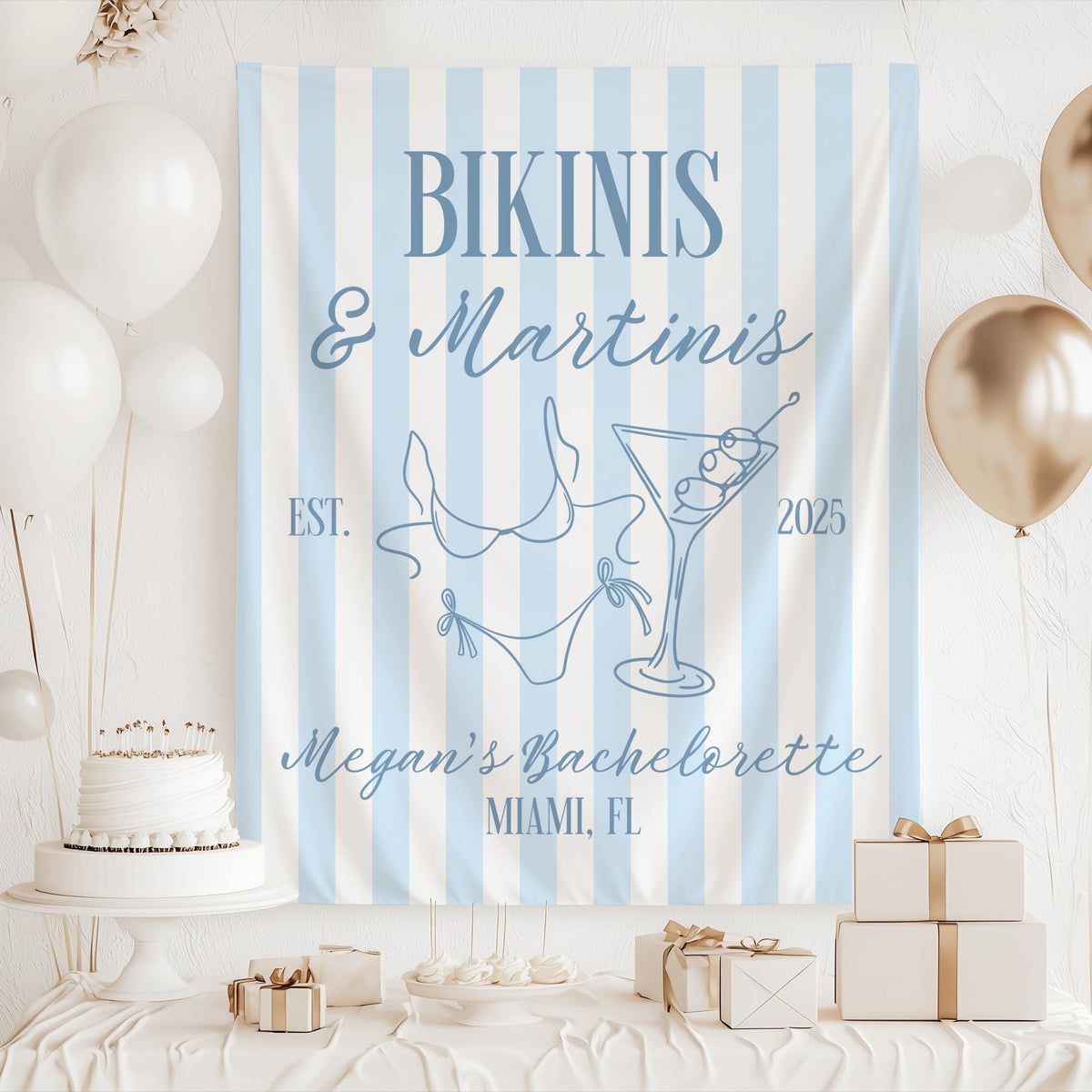 Green striped bachelorette backdrop featuring bikini illustrations, martini artwork and personalized beach party decor.