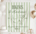 Personalized Bikinis & Martinis bachelorette banner featuring a striped backdrop, bikini illustration and martini glass for a beach bridal celebration.