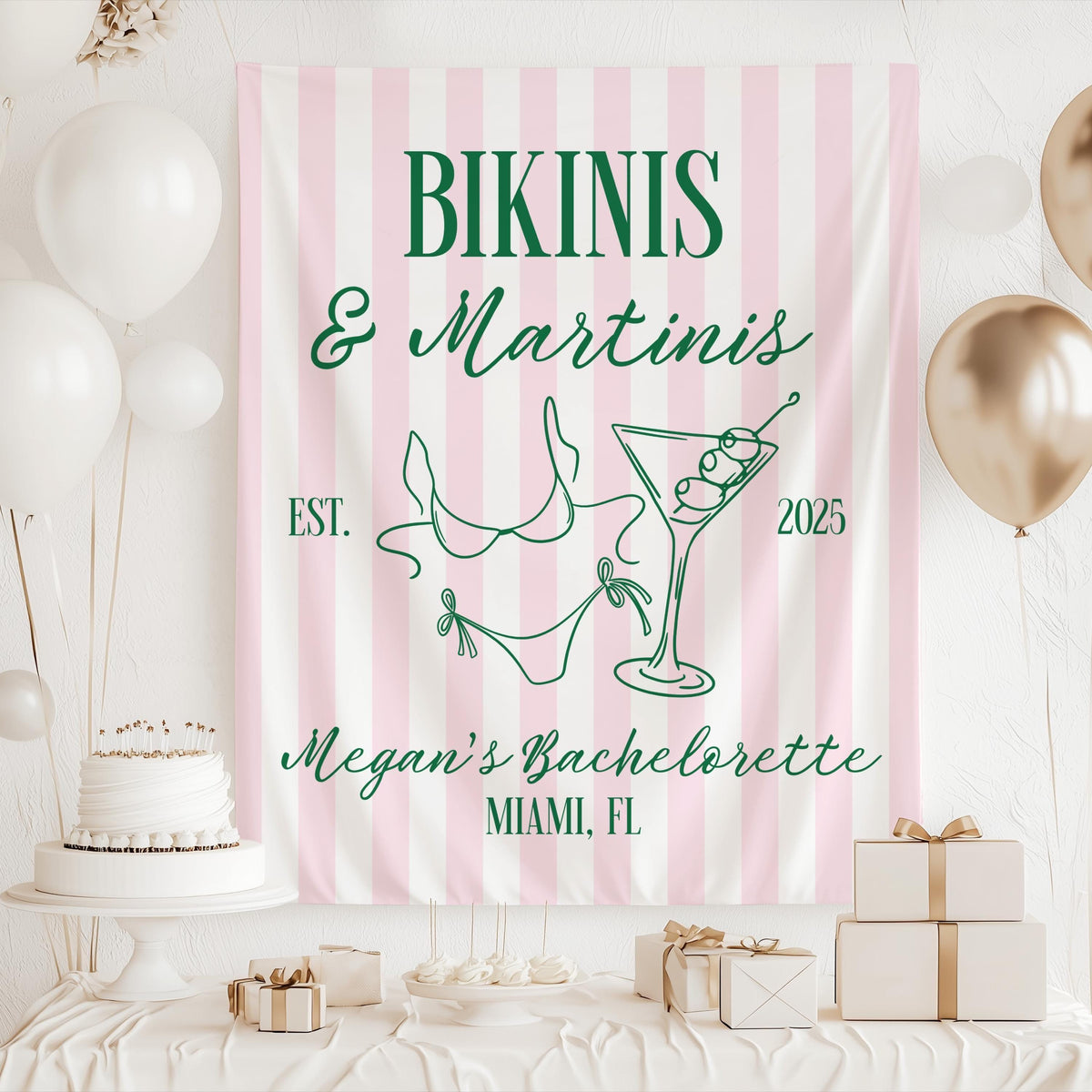 Custom beach bachelorette banner personalized with bride name, destination, year and tropical bridal weekend details.