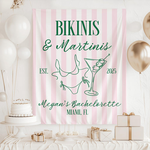 Custom beach bachelorette banner personalized with bride name, destination, year and tropical bridal weekend details.