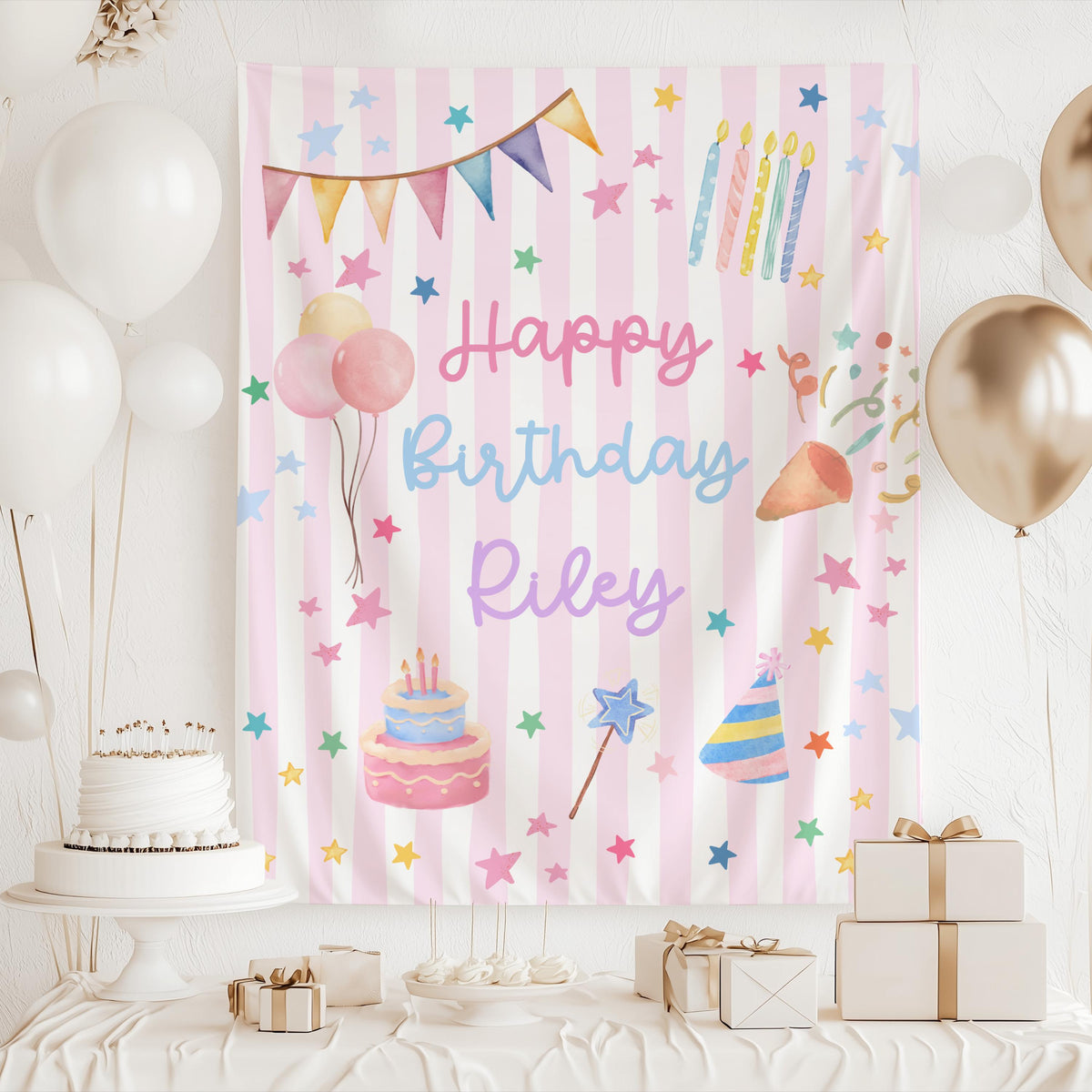Custom birthday backdrop for cake table decorations and birthday party photos