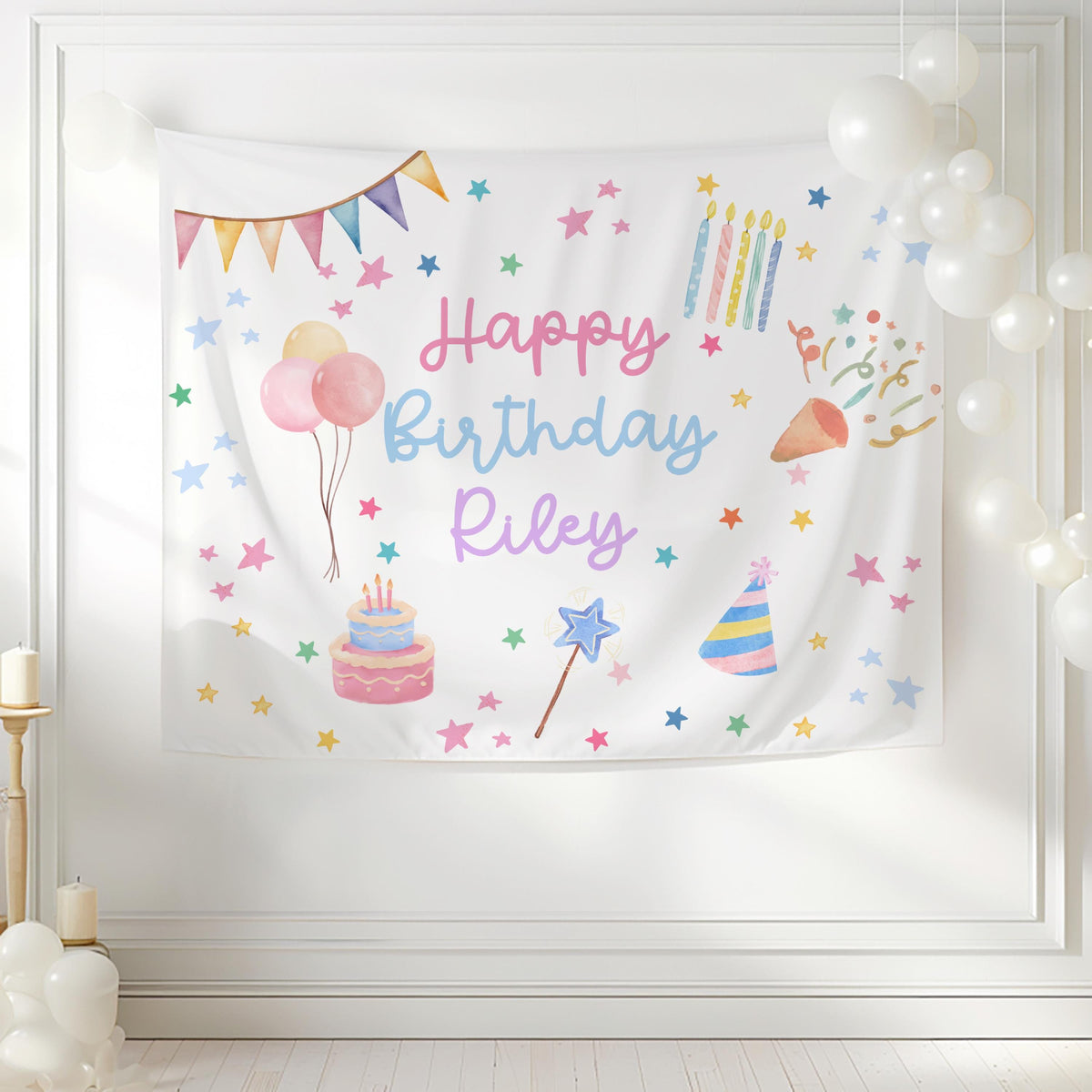 Personalized whimsical birthday banner with playful party illustrations available in multiple colors