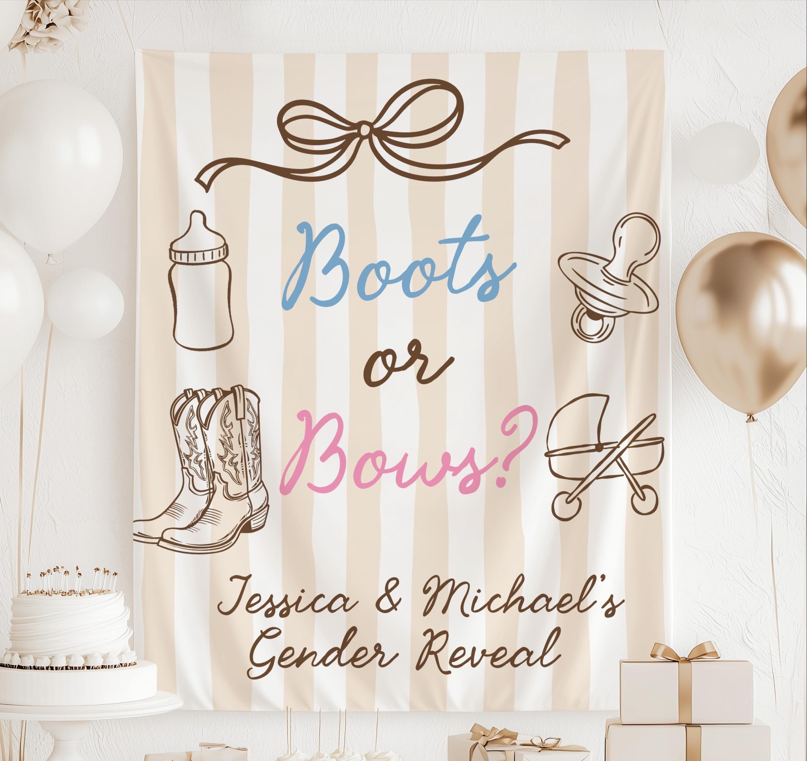 Personalized Boots or Bows gender reveal banner featuring western cowboy boots and baby icons for a rustic party backdrop
