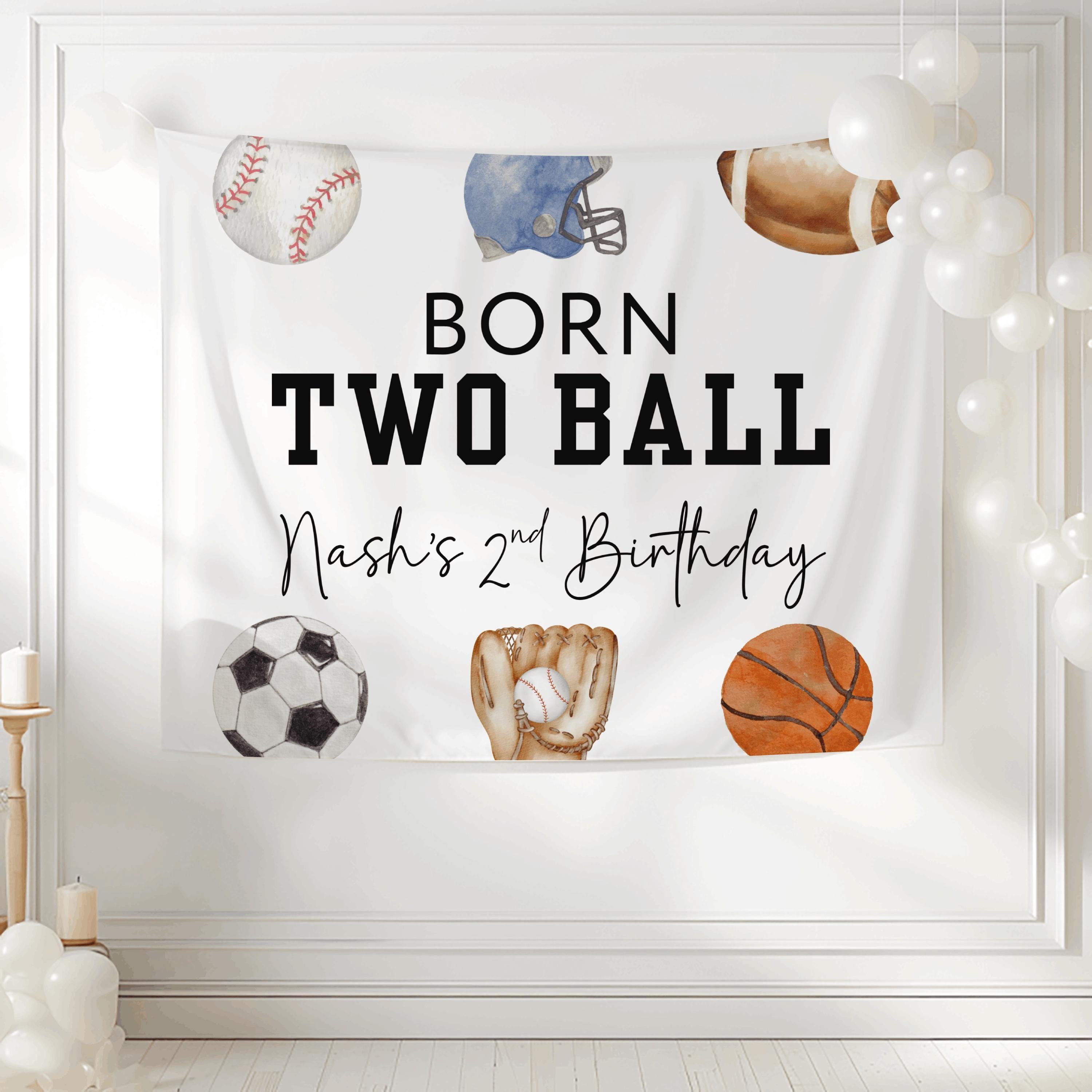 Sports second birthday banner featuring baseball football basketball soccer and personalized details