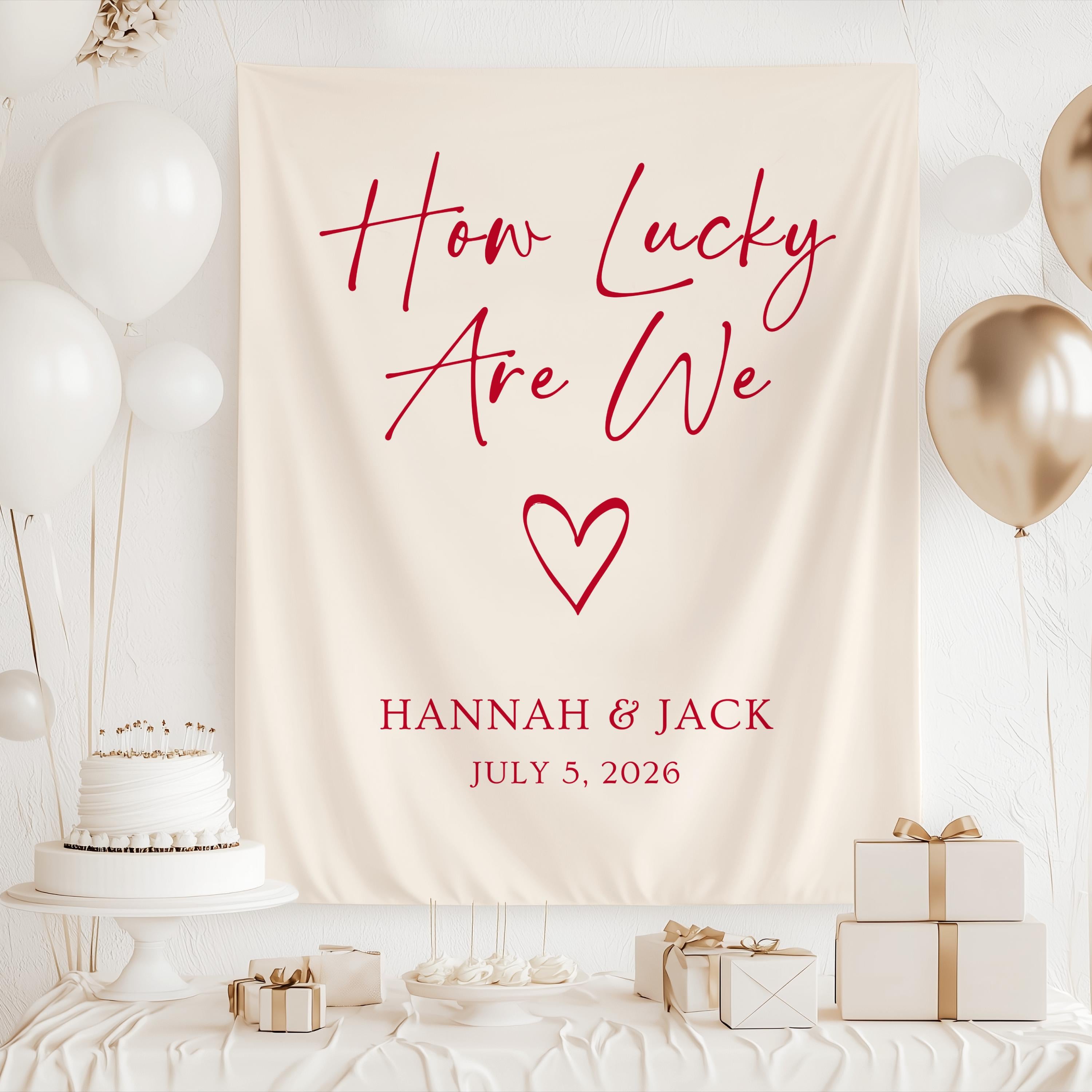 Minimalist bridal shower banner with How Lucky Are We quote and personalized event details