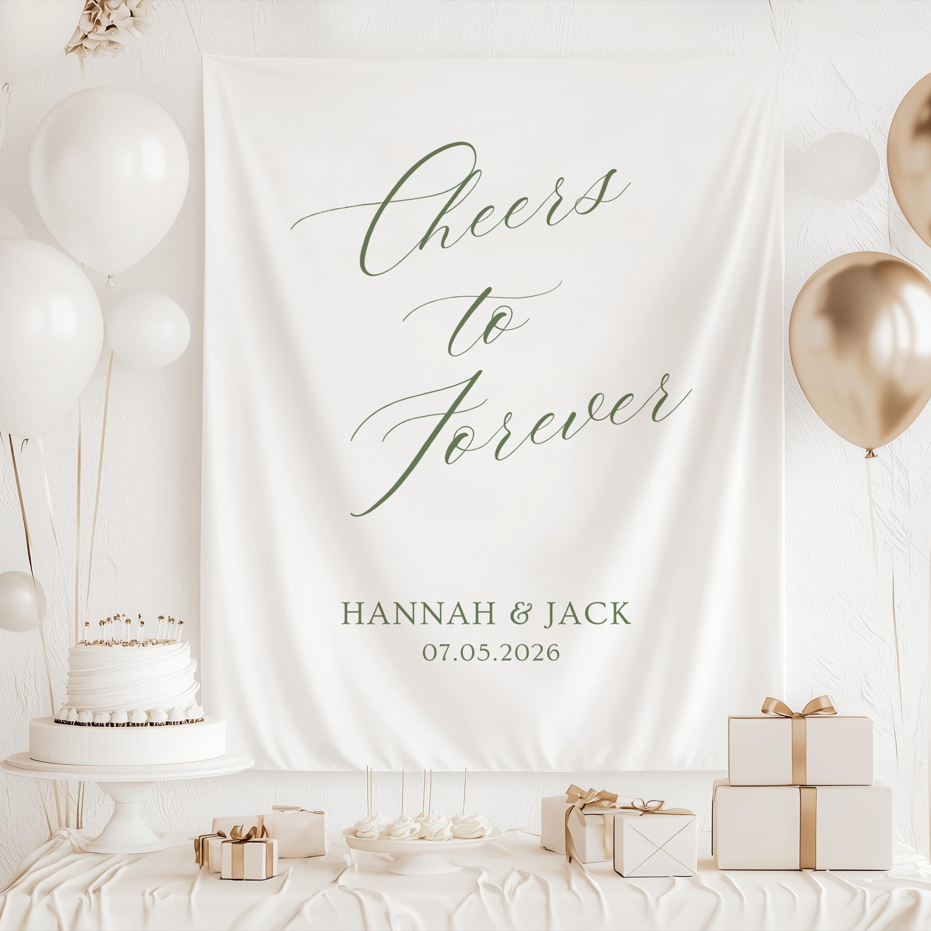 Personalized bridal shower party decor banner featuring Cheers to Forever calligraphy and custom names