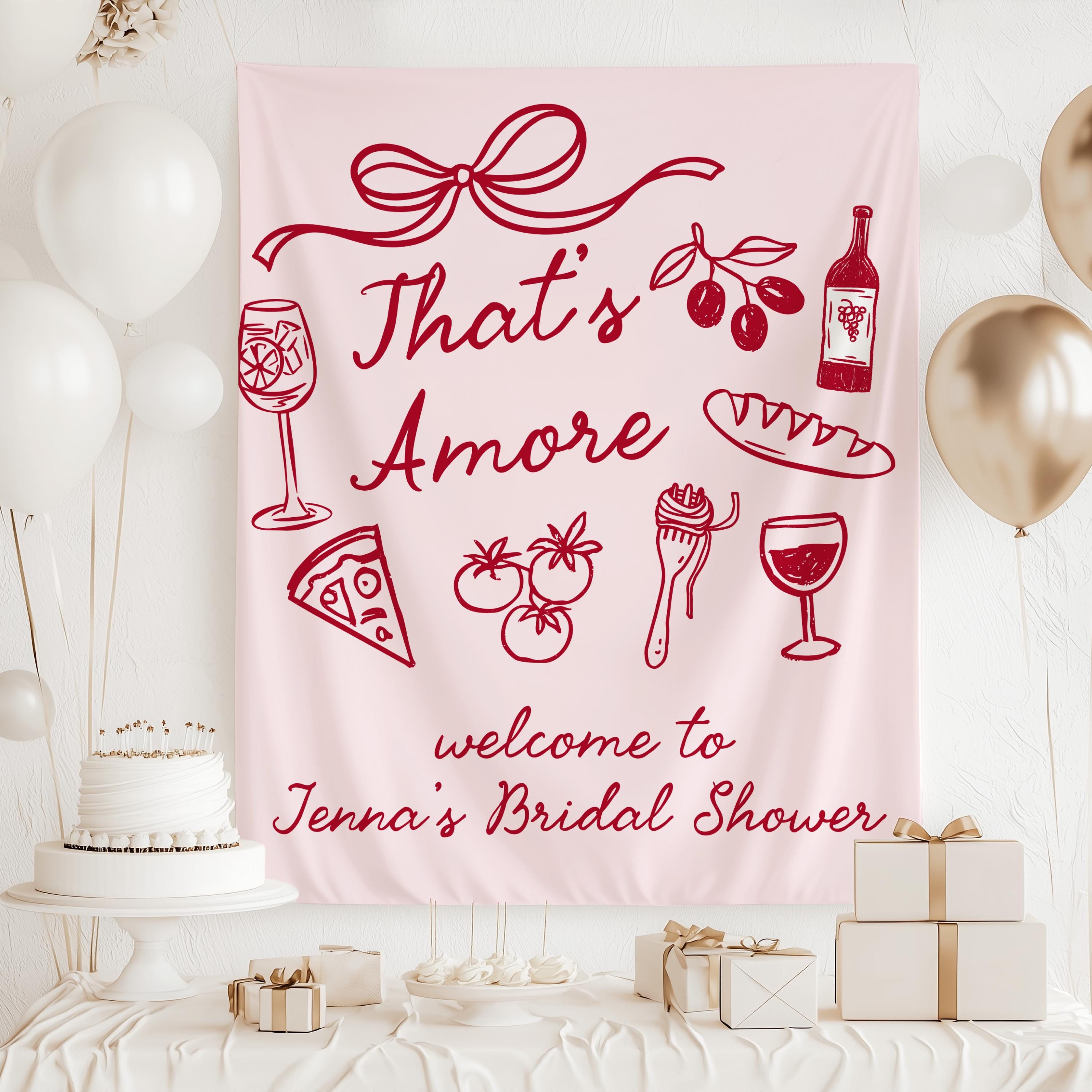 Personalized bridal shower photo backdrop with That's Amore theme and Italian doodles